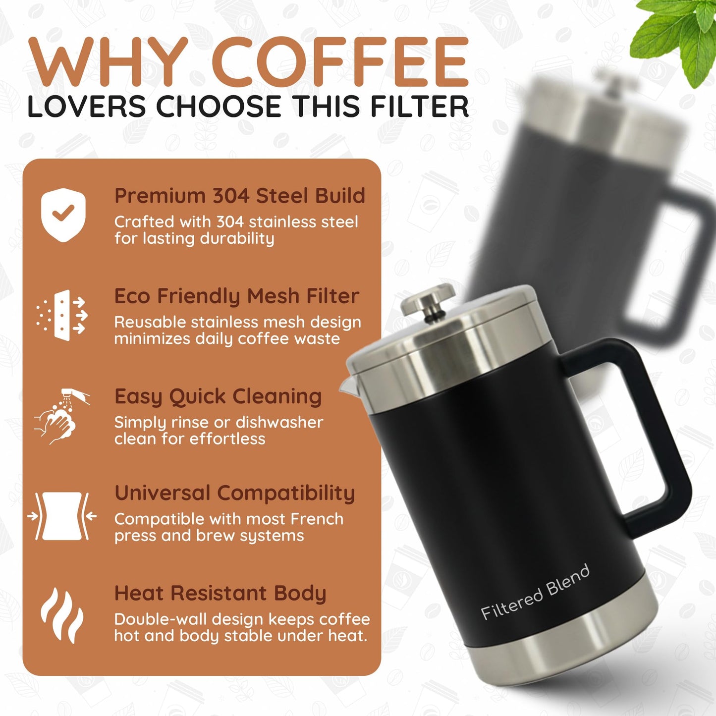 Filtered Blend 1.6L French Press Coffee Maker, 54oz Large Capacity French Press Stainless Steel Brewer with Double Filter Mesh for Kitchen Travel Camping, Hot & Cold Brew Coffee Maker Gifts (Black)