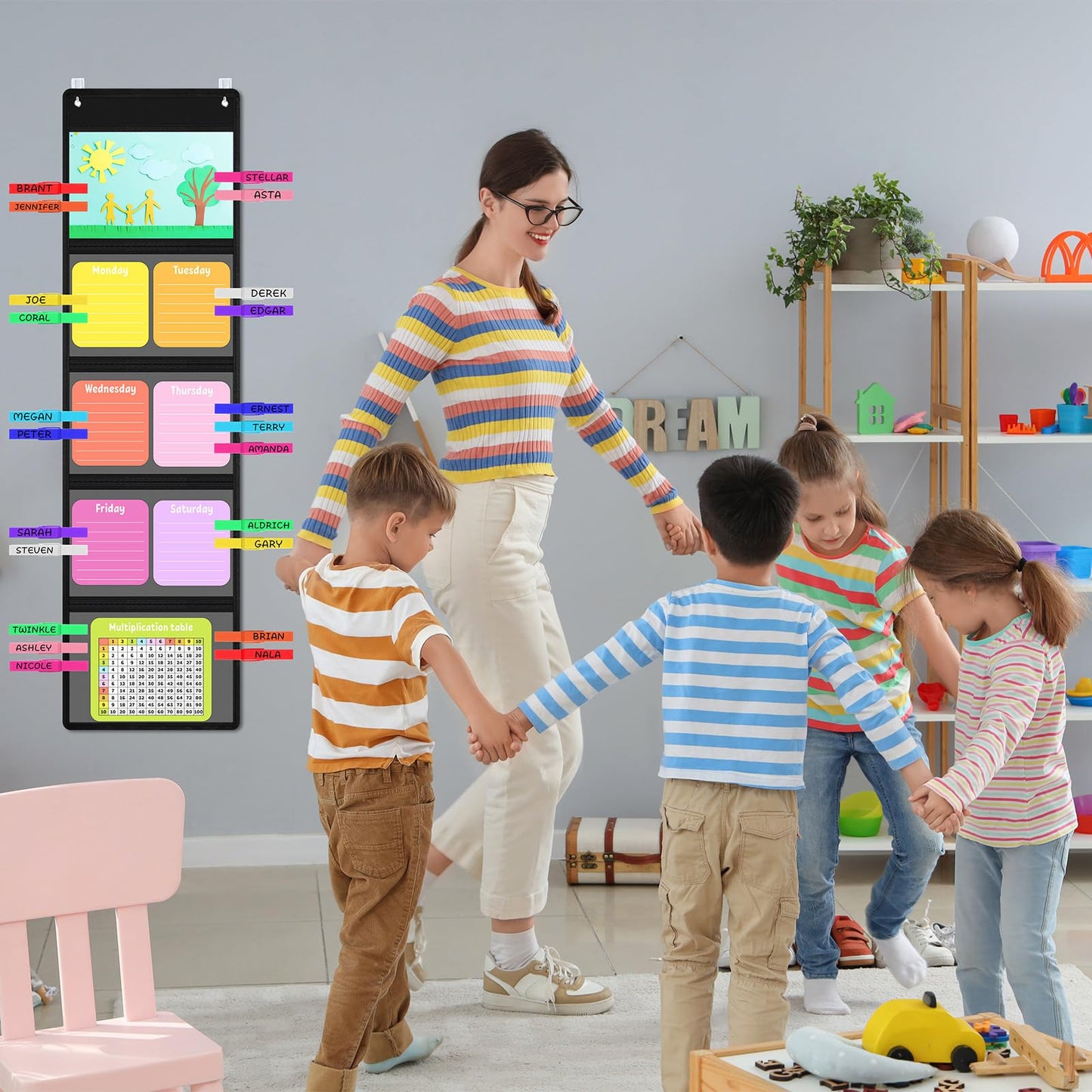 MotiMind 52 Pcs Student Behavior Clip Chart for Classroom, Black 5 Pockets Storage Pocket Chart with Wooden Clips for Operation Christmas Items Demonstrations Teacher Office Organization