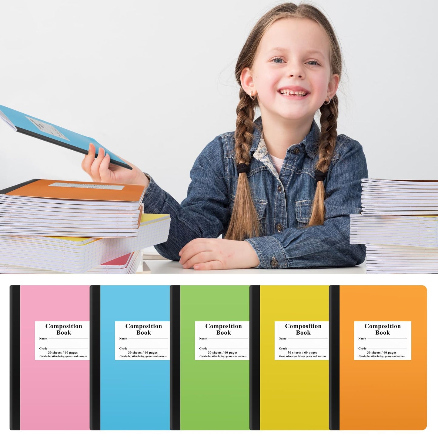 Janlaugh Composition Notebooks Bulk Wide Ruled Lined, 8.5 x 5.5 Inch, 30 Sheets/60 Pages, Back to School Supplies, First Day of School Notebooks for Teacher Student Office Supplies(50 Pack)