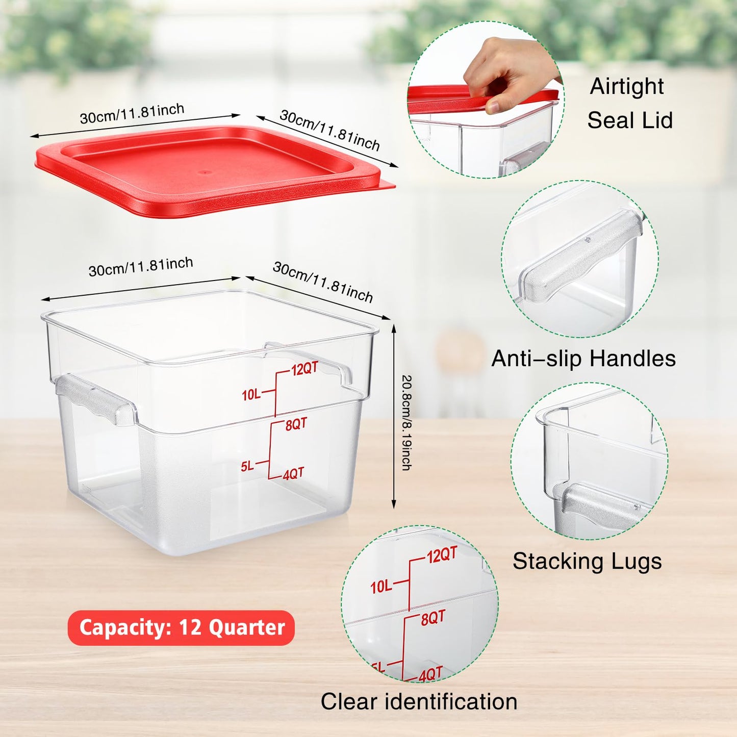 Suclain 2 Pcs Square Food Storage Container Polycarbonate Clear Food Container with Lid Commercial Rice Storage with Graduations for Commercial Kitchen(12 Qt,Red)