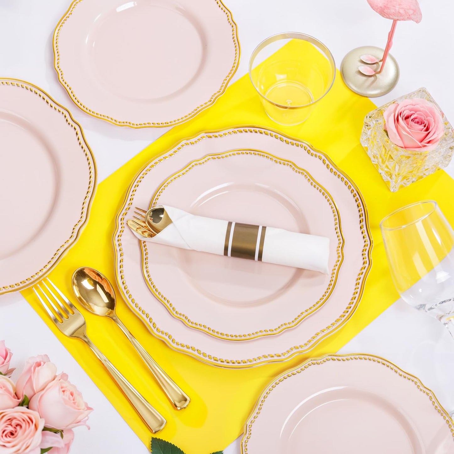 Hioasis 175pcs Pink and Gold Plastic Plates - Pink Plastic Dinnerware Set Includes 25 Dinner Plates, 25 Dessert Dinnerware, 25 Cups, 25 Napkins Perfect for Wedding & Easter
