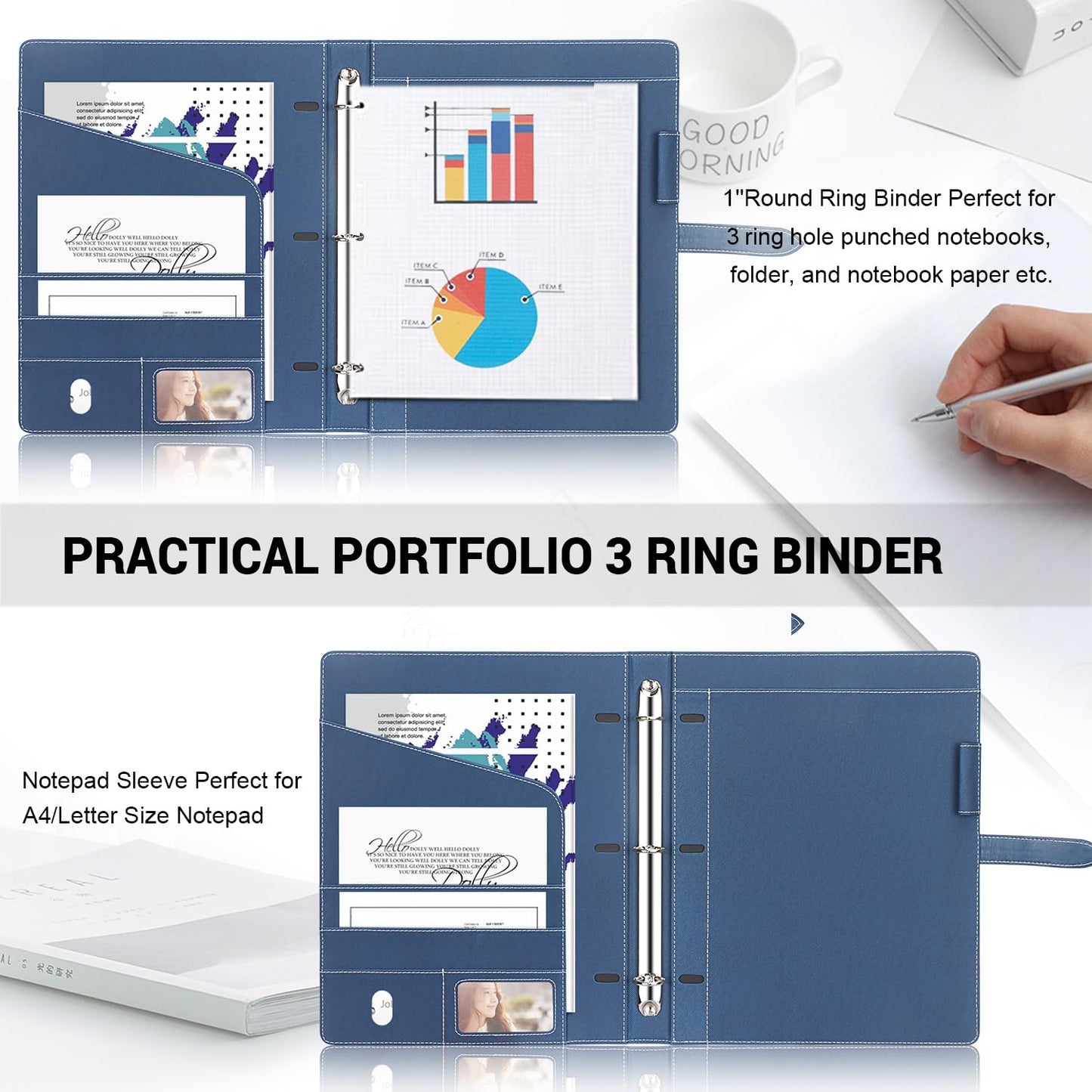 Toplive Padfolio 3 Ring Binder Organizer Business Portfolio Folder for Women, A4/ Letter Size PU Leather Portfolio Padfolio for Interview Conference Presentation, Blue