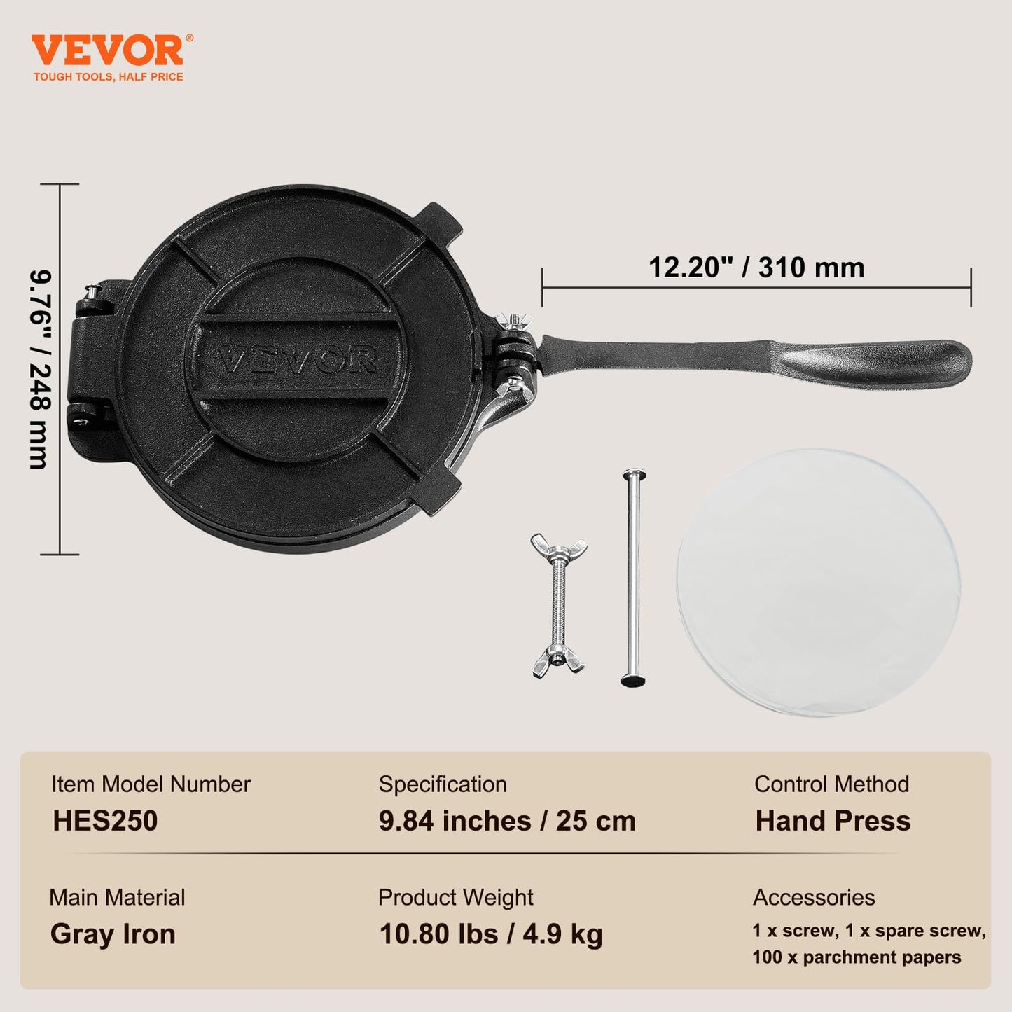 VEVOR Tortilla Press, 10 Inch Tortilla and Roti Maker, Cast Iron Heavy Duty Tortilladora Press, Pre-Seasoned Pataconera with 100 Pcs Parchment Paper, Dough Maker for Flour Tortilla, Tawa
