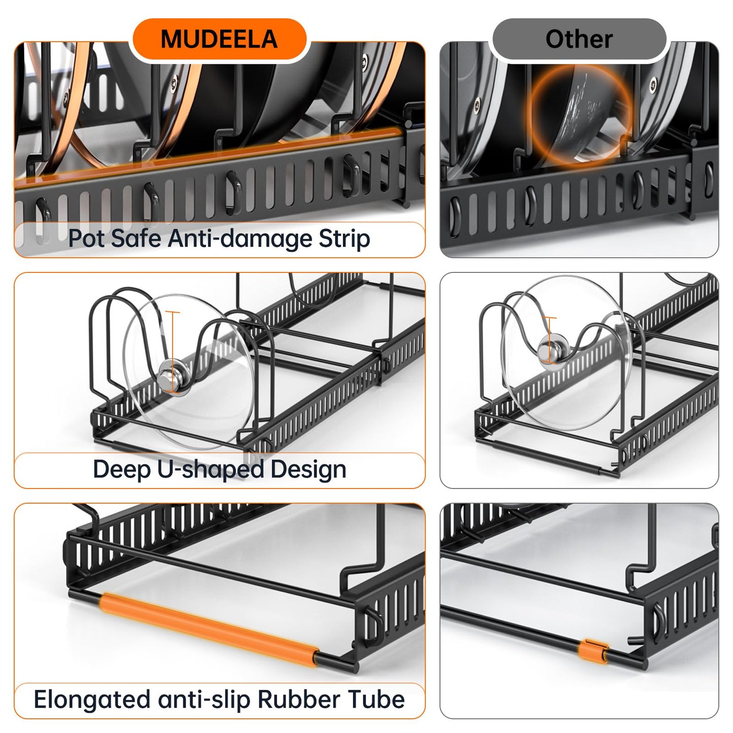 MUDEELA 2 Pack Pots and Pans Organizer Rack for under Cabinet, Expandable Pot Lid Kitchen Cabinet Organizer Holder with 10 Adjustable Compartment Cutting Board Organizer for Pan Lid, Bakeware Sheet