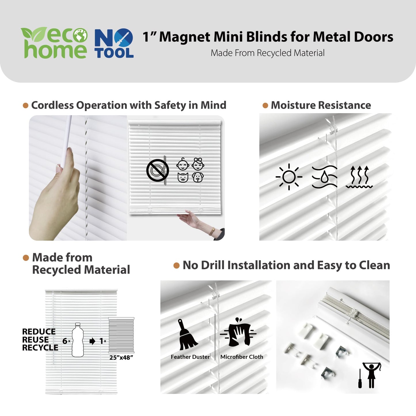 DEZ FURNISHINGS Cordless No Tools 1" Magnet Mini Blinds for Metal Doors, Room Darkening, 25" W x 42" H, White