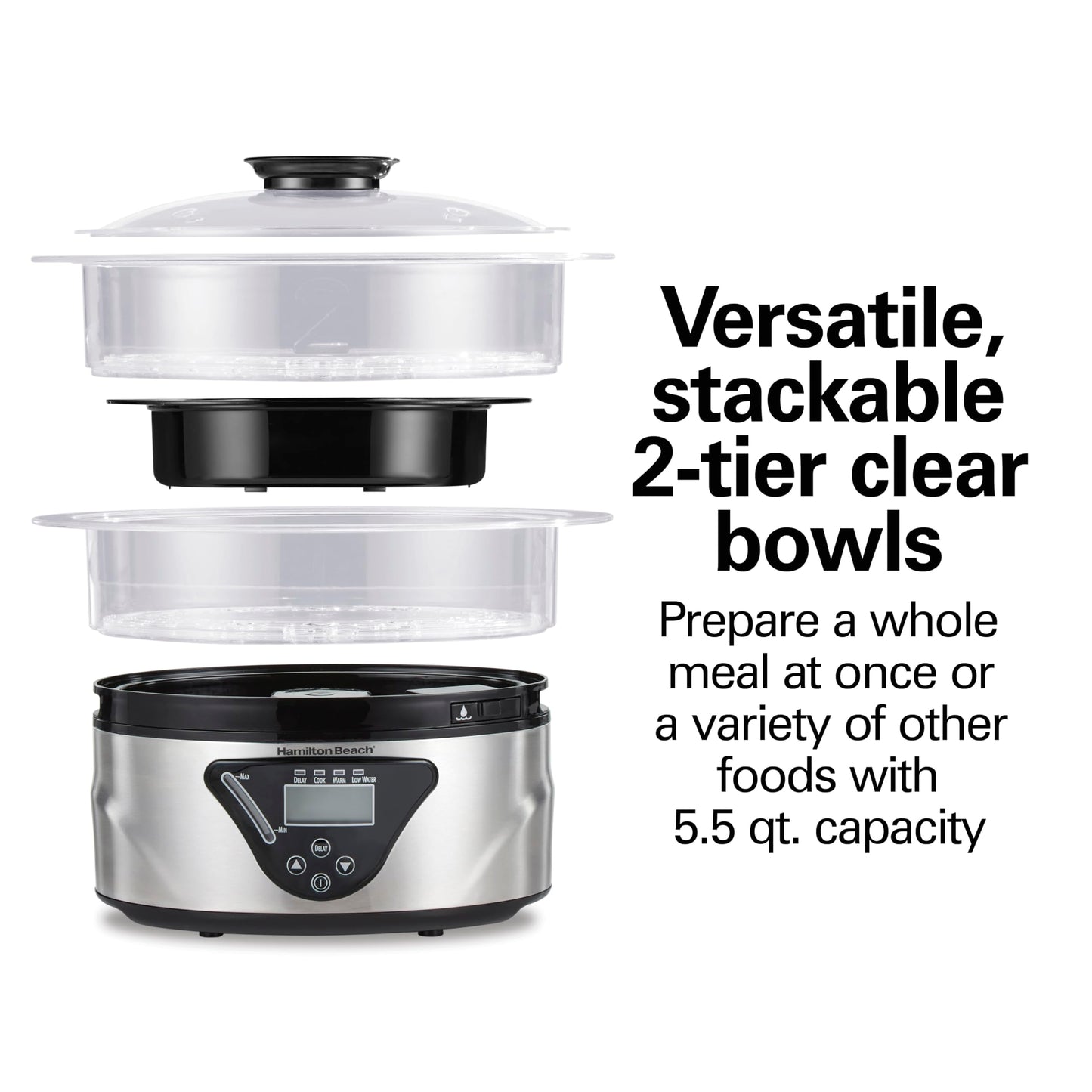 Hamilton Beach Digital Electric Food Steamer & Rice Cooker for Quick, Healthy Cooking for Vegetables and Seafood, Stackable Two-Tier Bowls, 5.5 Quart, Black & Stainless Steel