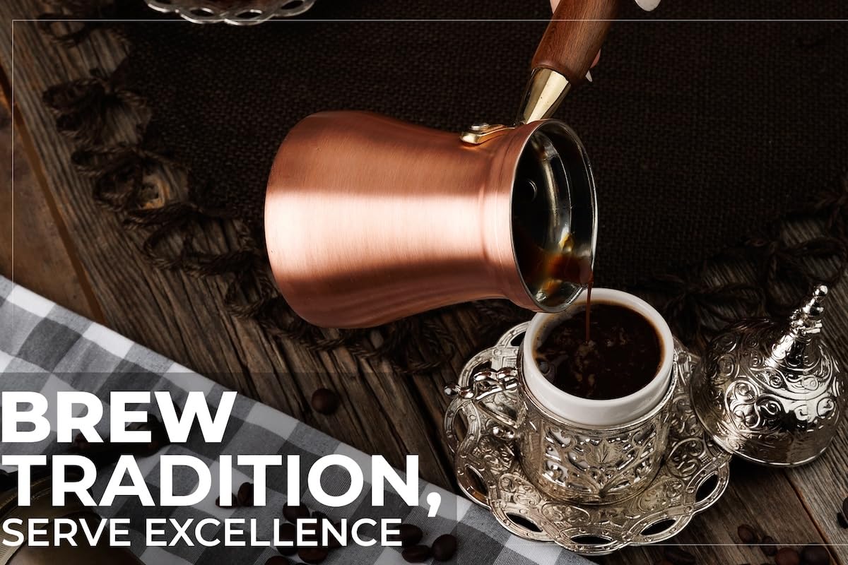DEMMEX Brushed Copper Turkish Coffee Pot Cezve Ibrik Greek Coffee Briki Stovetop Coffee Maker with Wooden Handle & Spoon, 1mm Thick Copper, Handmade in TURKEY, 8 fl Oz - 3 Servings