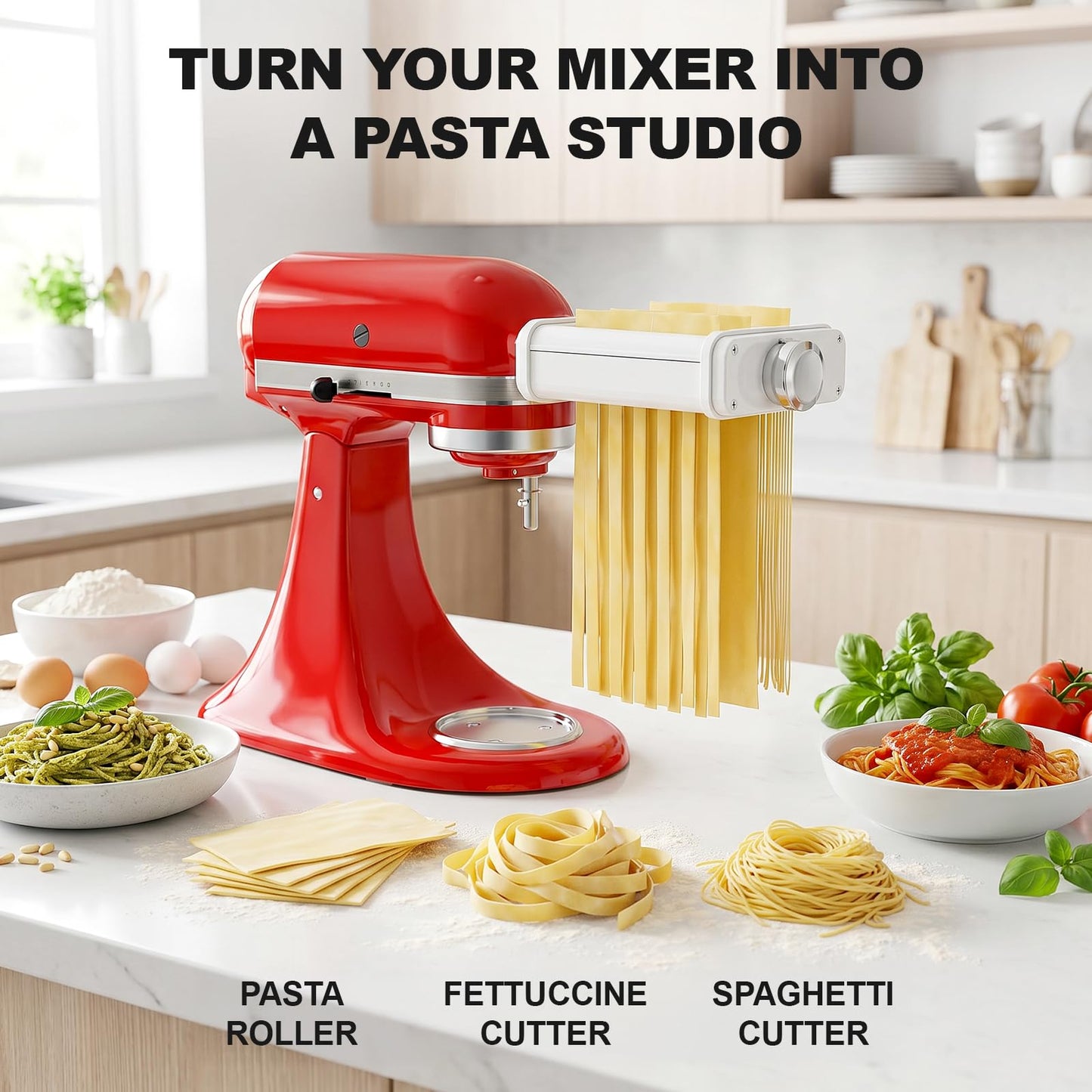 Pasta Attachment for KitchenAid Stand Mixers, 3 in 1 Pasta Maker Set for Kitchenaid, Includes Pasta Roller, Pasta Cutter and Fettuccine Cutter with Cleaning Brush
