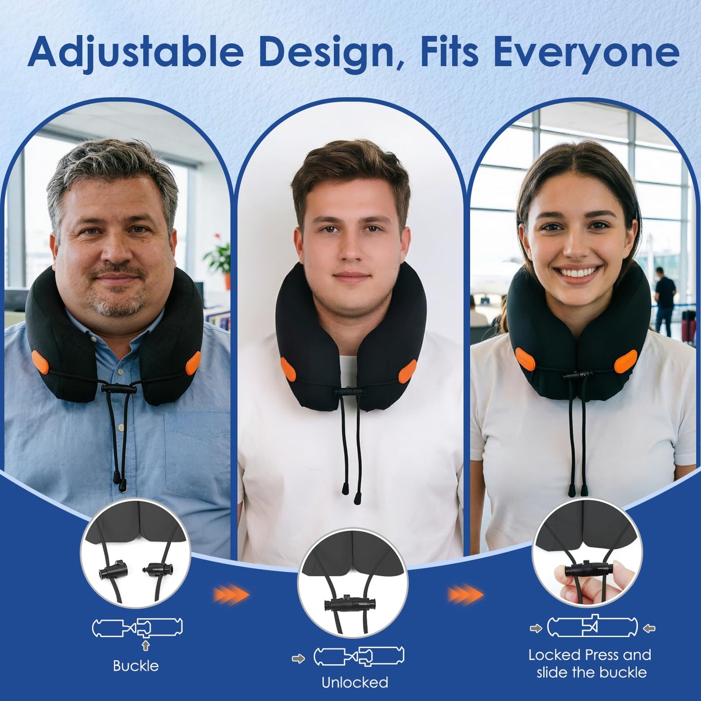 jiaao Travel Pillow Memory Foam Neck Pillow for Airplanes with Adjustable Neck Support, Includes Eye Mask, Earplugs & Storage Bag - Perfect for Flights, Road Trips, and Trains