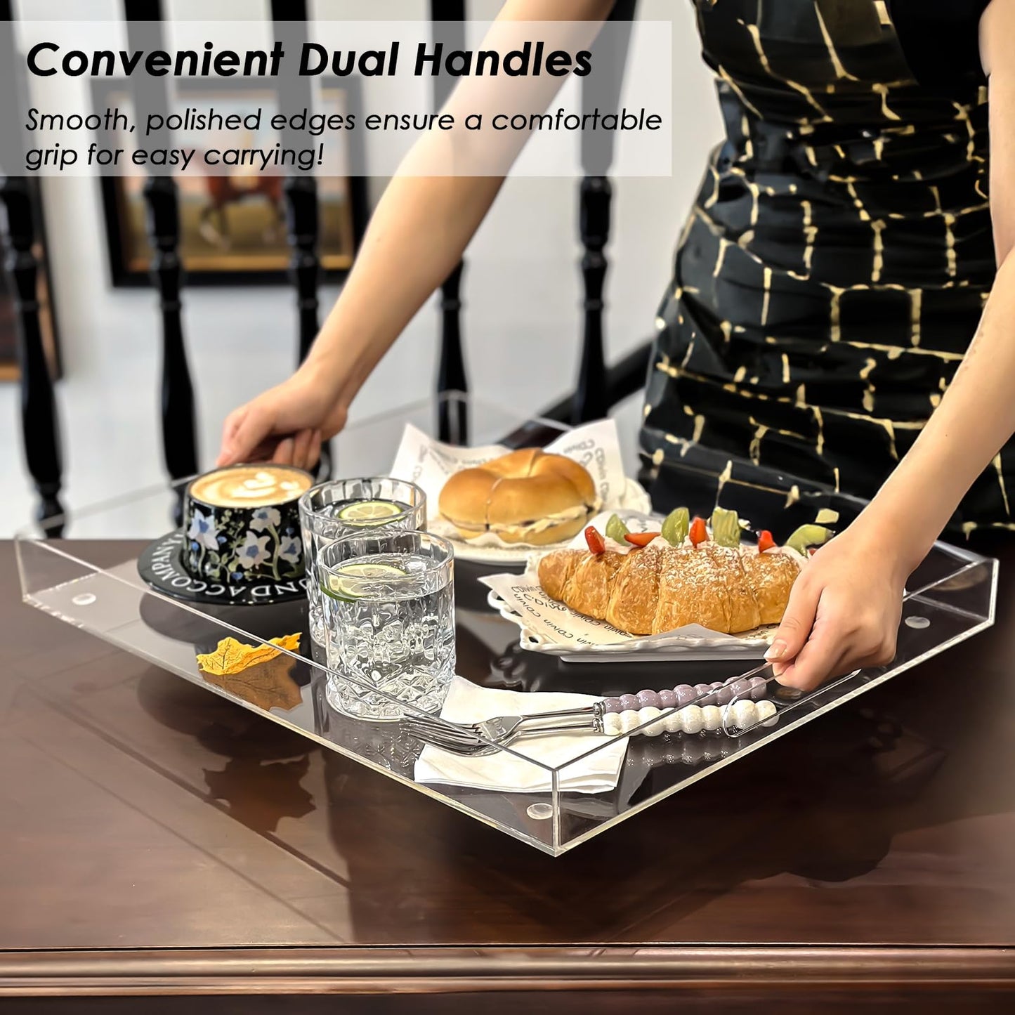 Collwait Extra Large Serving Tray with Handles, Acrylic Tray for Food, Drinks, Snacks and Appetizer, Rectangular Trays for Eating, Lucite & Coffee Table Trays, Acrylic Makeup Organizer 16" × 20"