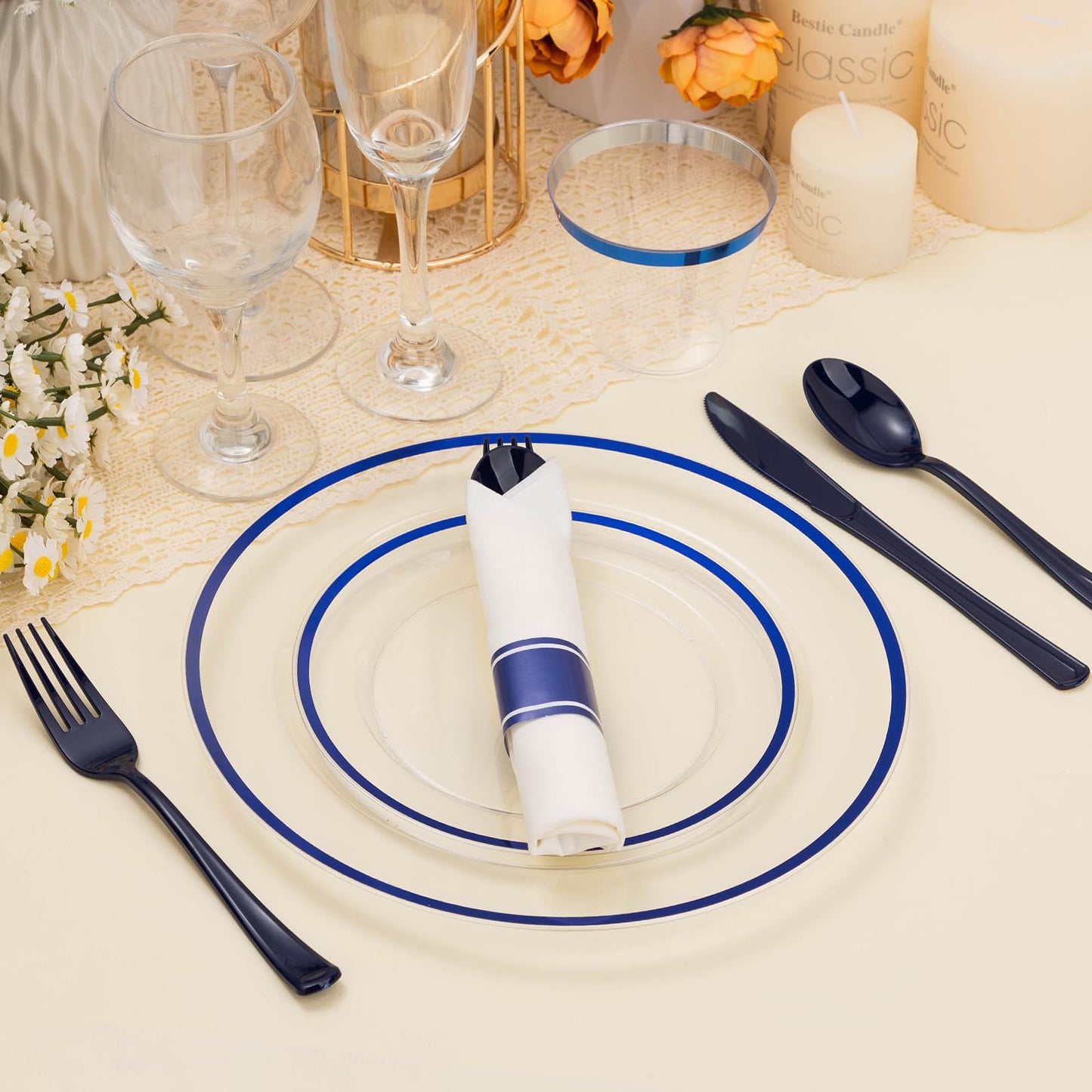 BESTSTAR 350PCS Clear and Blue Disposable Plates Set for 50 Guests, 100 Plastic Plates, 50 Cups, 50 Pre-Rolled Napkins with Plastic Cutlery for Graduation Party, Birthday, Thanksgiving, Christmas