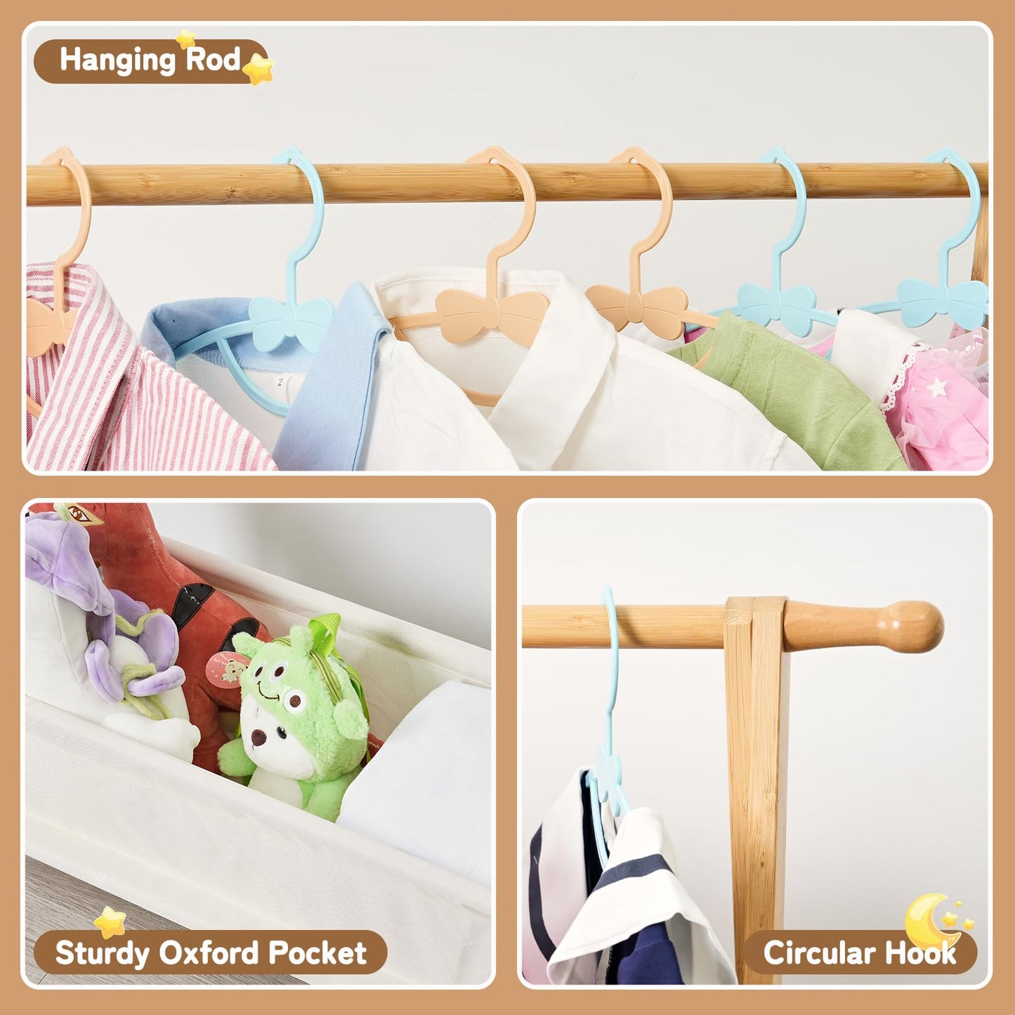 Bamnestor Bamboo Kids Clothing Rack with Storage Box - Foldable,Kids Dress Up Rack with Hooks & Rod, Organize Dress Up Storage & School Uniforms, Perfect for 4-13 Year Olds