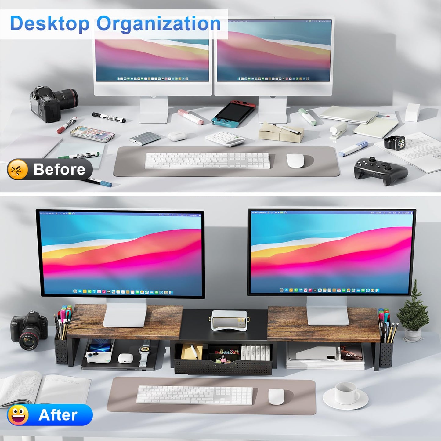 gianotter Dual Monitor Stand Riser, Desk Organizer With Drawer and 2 Pen Holders,Computer Monitor Stand, Desk Shelf for Top of Desk, Wood