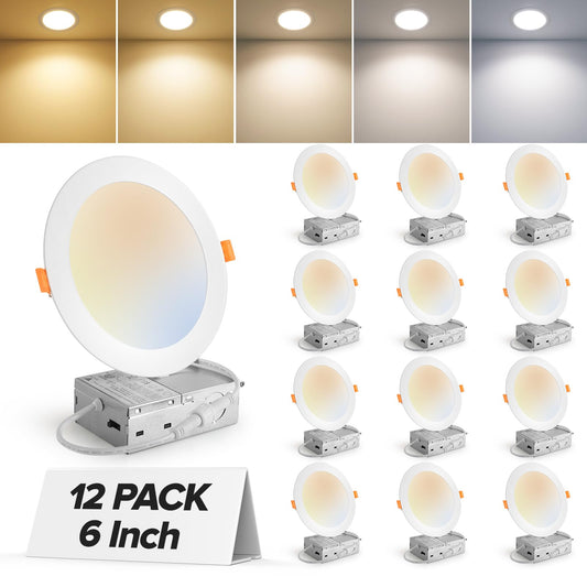 MAILCOS 12 Pack 6 Inch 5CCT Ultra-Thin LED Recessed Ceiling Light with Junction Box, 2700K-5000K Selectable, 1050LM High Brightness, Dimmable Canless Wafer Downlight, 12W 120V, ETL