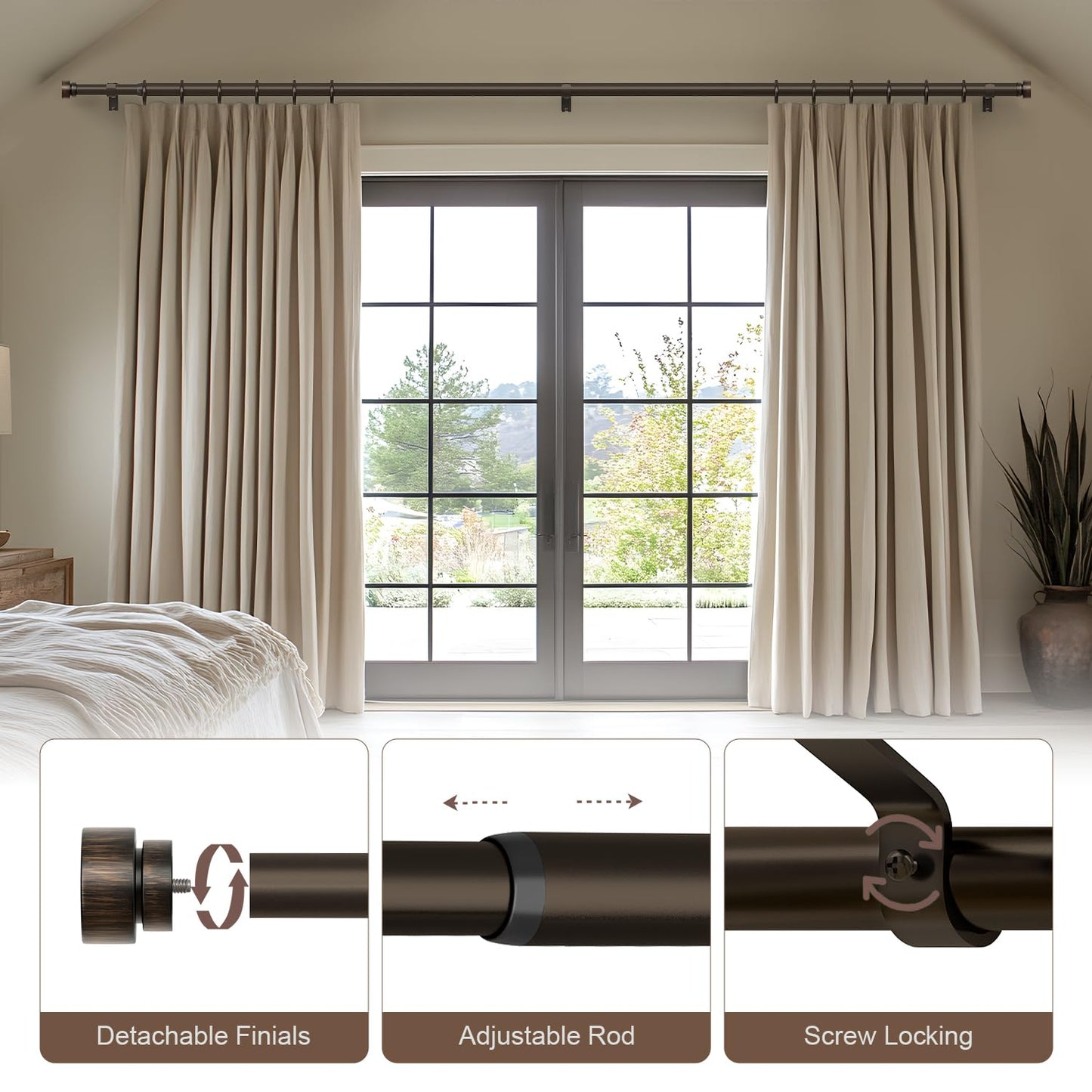 Lootkell 2 Pack Modern Antique Brown Bronze Curtain Rods for Windows 66 to 120 Inches Adjustable Heavy Duty 1" Diameter Window Rod with Decorative Finials for Outdoor Bedroom Kitchen Living Room