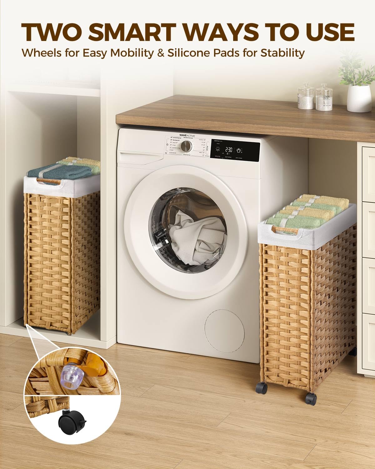 Greenstell Laundry Hamper with Wheels, 11.9 Gallon (45L) Small Clothes Hamper with 2 Removable Liner Bags & 2 Mesh Bags, Slim Rattan Laundry Basket for Bathroom, Bedroom, Natural