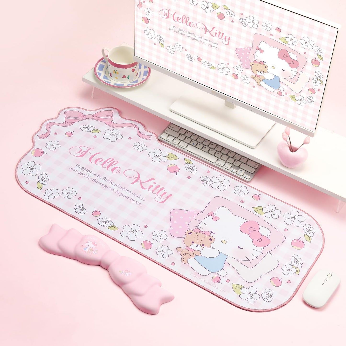 Kuitmor Kawaii Anime Mouse Pad Wrist Rest Support Set - Non-Slip Desk Mat and Memory Foam Bowknot Wrist Rest for Keyboard and Mouse,Perfect for Gaming or Home Office Work - FlowerCat