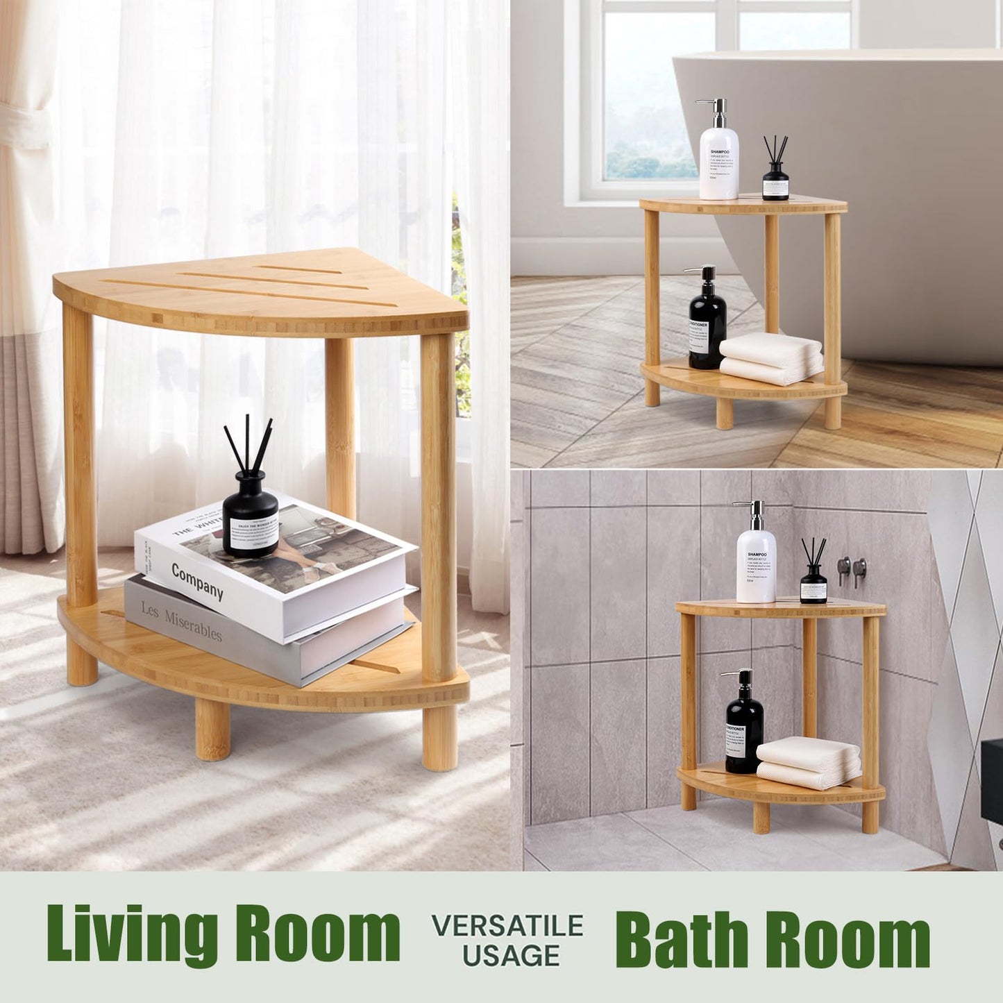 GUGIGIP Upgraded Bamboo Corner Shower Stool for Inside Shower Waterproof,2-Tier Shower Foot Rest with Storage Shelf,Corner Shower Shelf Bench Caddy Shaving Leg,Bath Seat,Gifts for Women Mom