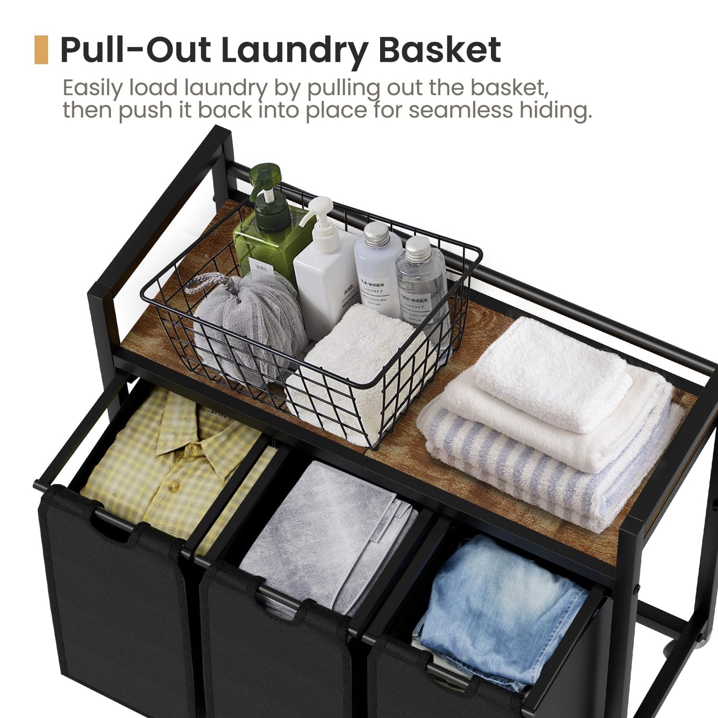 SwaaVee Laundry Sorter, Laundry Hamper 3 Section, 3×11.4Gal, Metal Frame Rolling Laundry Basket with Wooden Top Shelf, Pull out and Removable Laundry Bags, 3 Bags-Black