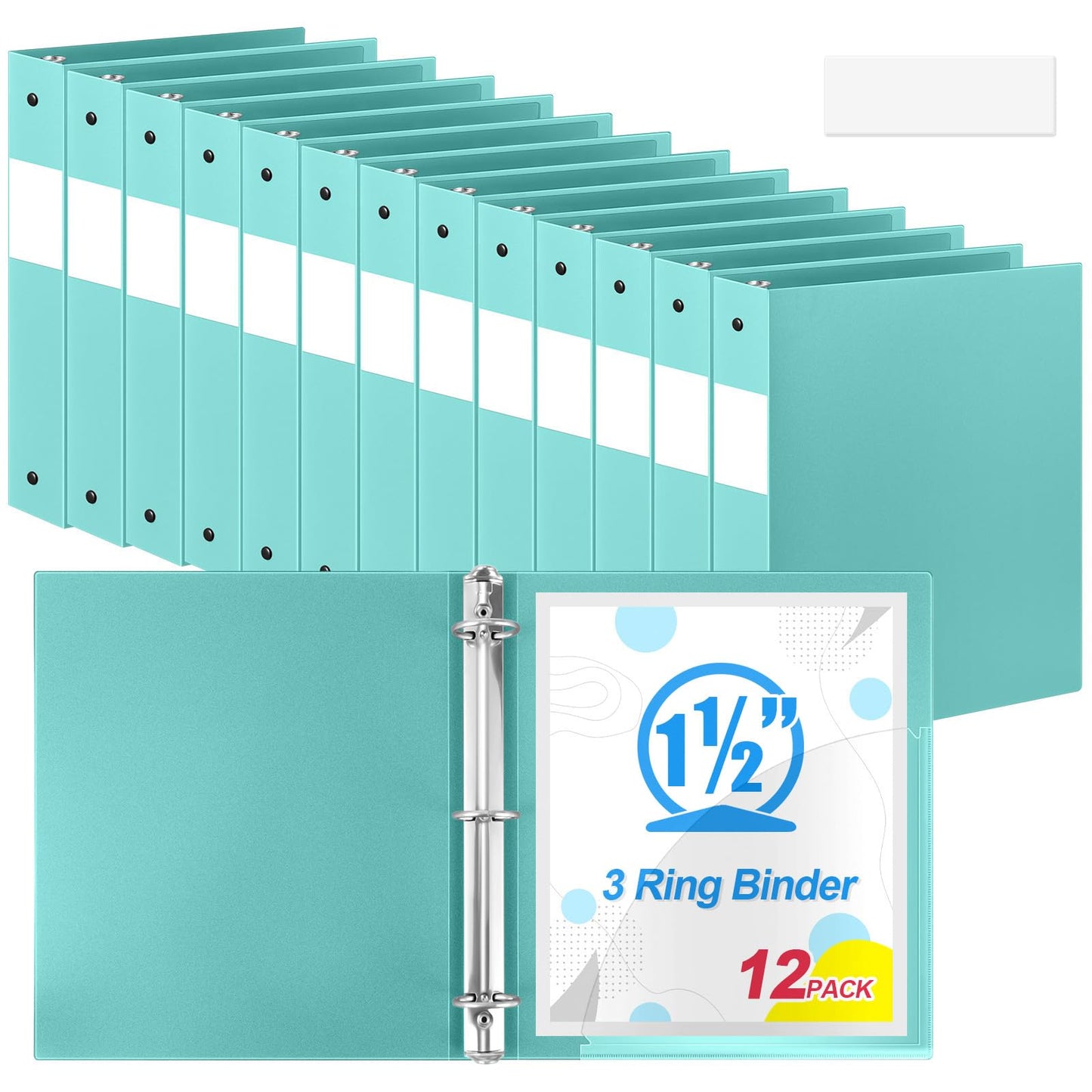 Henoyso 12 Pcs Mint Green 1.5" 3 Ring Plastic Binder Bulk, 1 1/2 Inch Soft Flexible Binders Round Rings, Fits Letter Size 8.5'' x 11'' Paper, Holds 350 Sheets, for School Office (1.5 Inch)