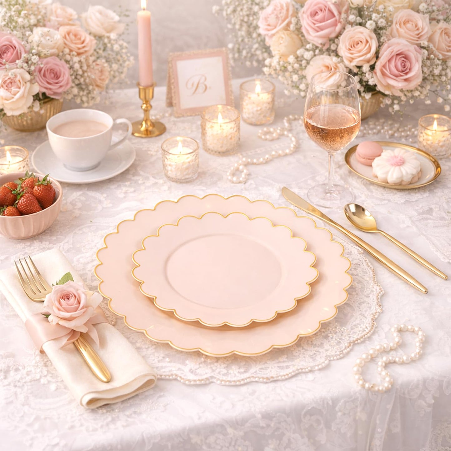 LIYH 60 Pcs Pink Plastic Plates with Gold Pink Plates Disposable Plate Set Includes 30 Dinner 10.25" and 30 Dessert Plate 7.5" for Baby Shower,Weddings,Parties,Birthday