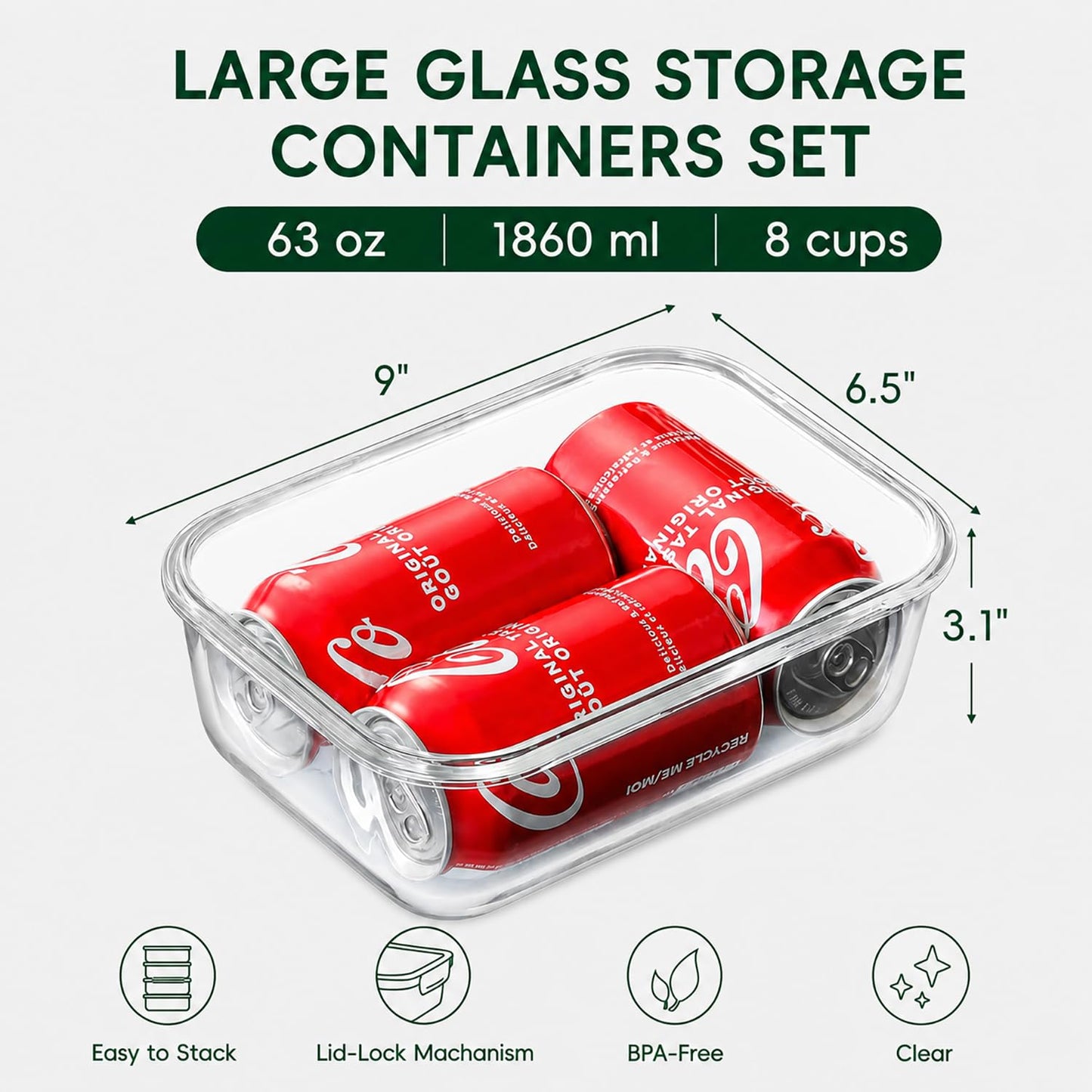 Peaktent 2 Pack 63oz Large Glass Storage Containers with Lids Big Meal Prep Food Container Set for Storing food, vegetables or fruits, BPA Free, Freezer Dishwasher Oven Safe (gray)