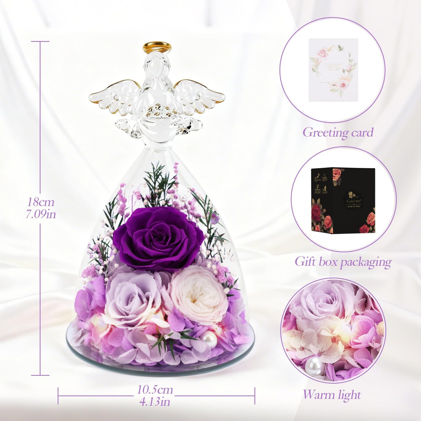Casaido Mothers Day Rose Gifts for Women, 7" Purple Preserved Roses Flowers in Glass Angel Figurine, Birthday Gift for Mom Wife Grandma, Eternal Rose for Valentines Christmas Anniversary