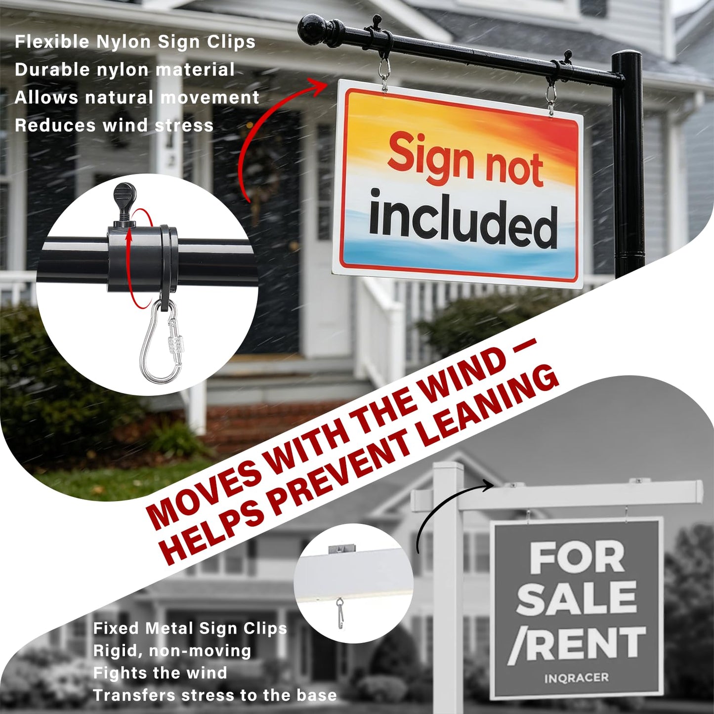 Real Estate Sign Post For Outside - Heavy Duty Metal Yard Sign Stand Pole with Anti-Tip Anchor,7ft Adjustable,Wind-Responsive Clips, Fits 18"X24" To 26" Frame For Sale,Address,Open House-Black
