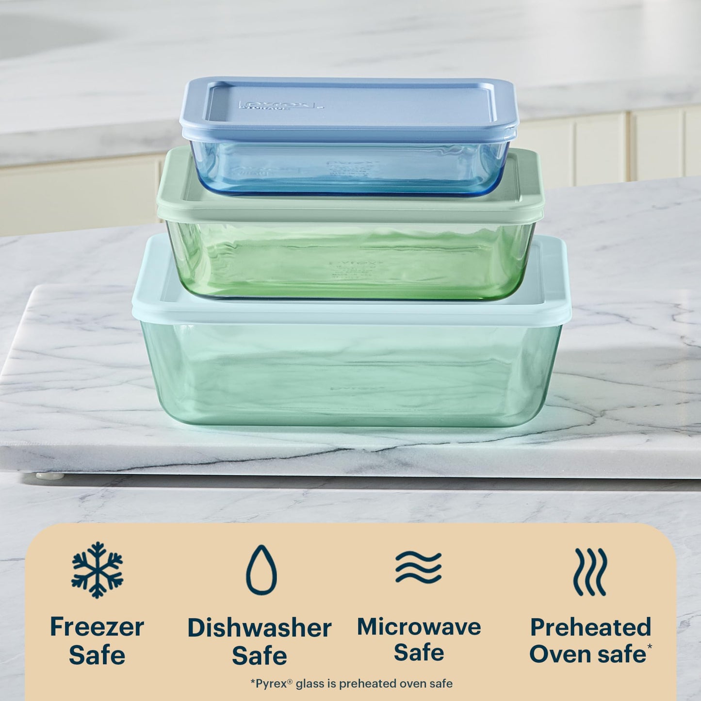 Pyrex Colors (3-Pack, Large) Tinted Glass Rectangle Food Storage Container Set, Snug Fit Non-Toxic Plastic BPA-Free Lids, Freezer Dishwasher Microwave Safe, 3 Cup, 6 Cup & 11 Cup