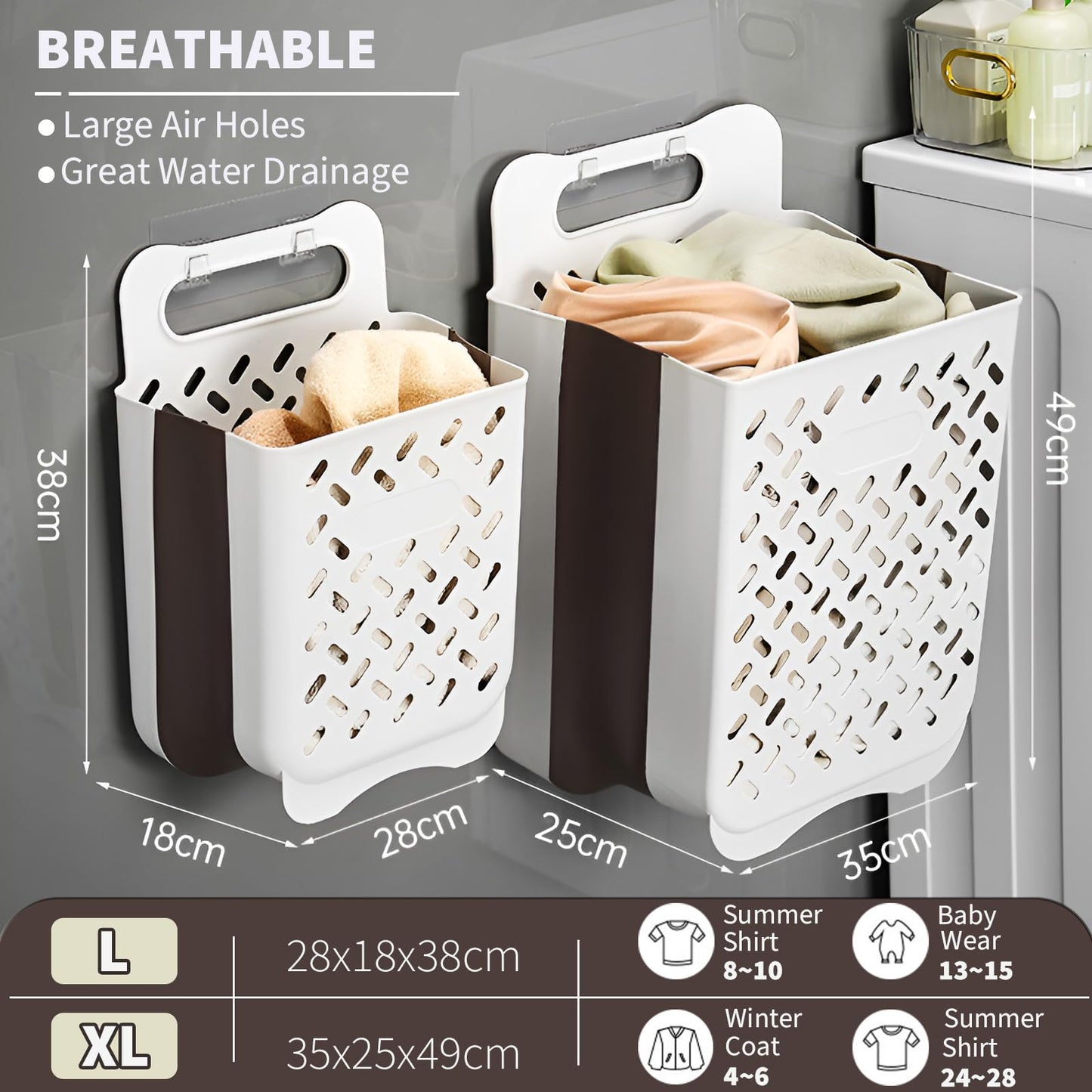 Pansyling Plastic Collapsible Hanging Laundry Baskets with Carry Handle, Space-Saving Wall Hanging Laundry Basket Durable Tall Folding Plastic Laundry Hamper Waterproof Dirty Clothes Organizer XL+L
