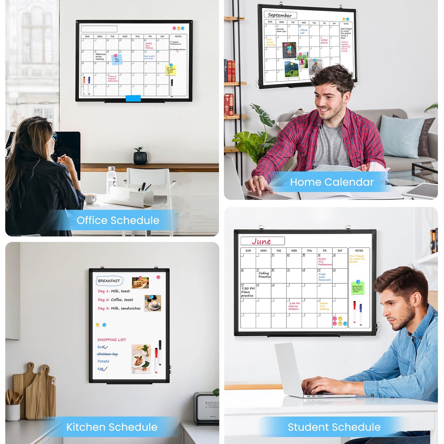 Monthly Calendar Dry Erase Whiteboard, 24" x 18" Magnetic Calendar White Board, Double-Sided Portable Board with Black Aluminium Frame for Office, Kitchen, School, Home