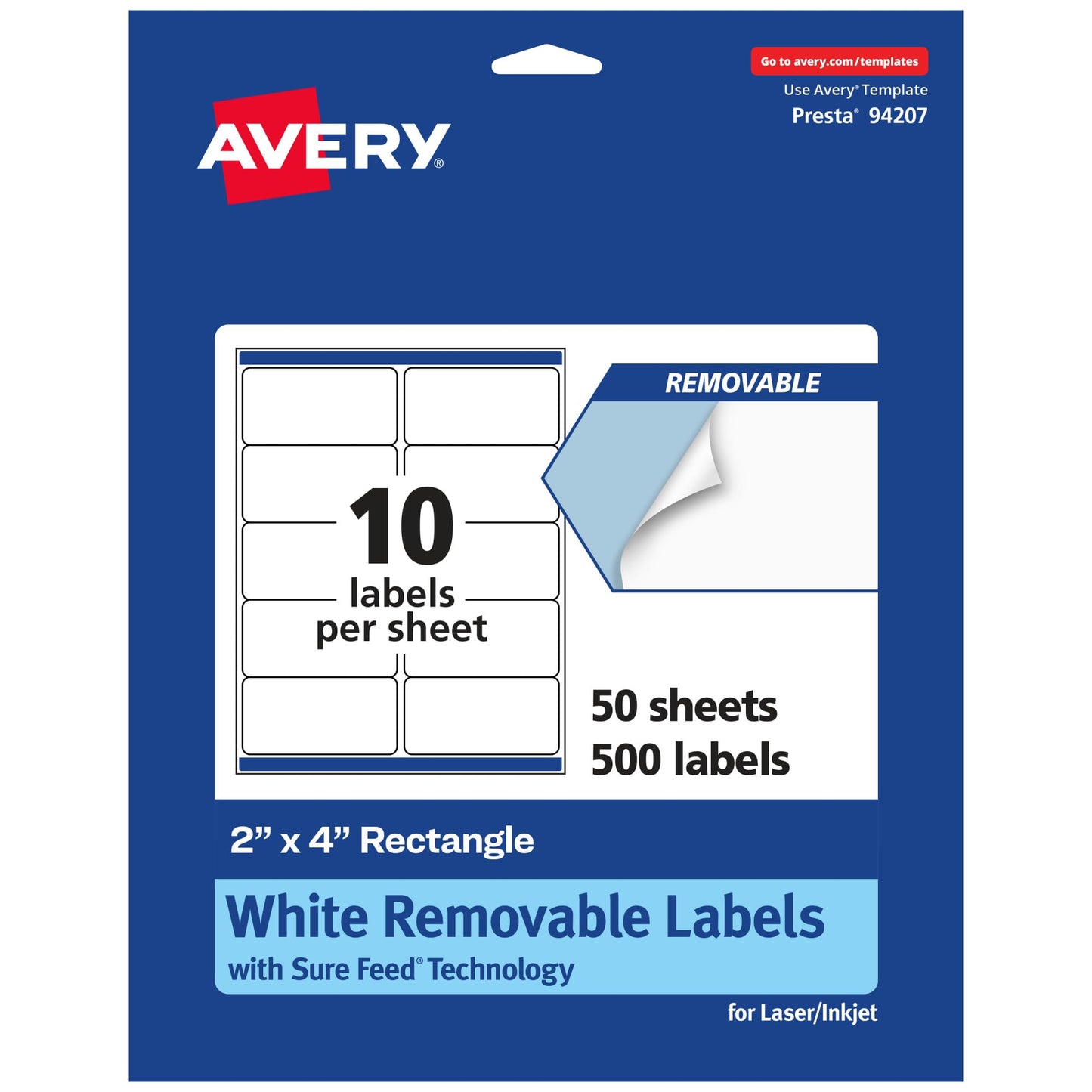 Avery Matte White Removable Rectangle Labels, Sure Feed Technology, 2" x 4", 500 Removable Labels, Laser/Inkjet Printable