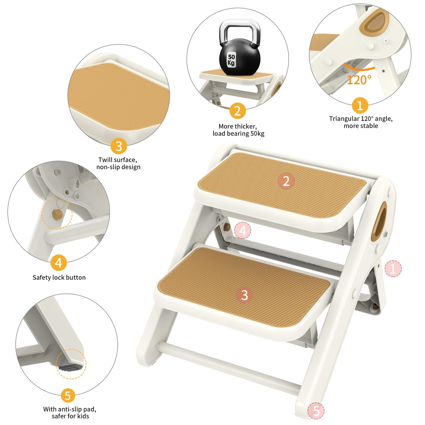 Toddler Step Stool, iNeibo 2-Step Foldable Step Stool for Kids, Widened & Thickened with Anti-Slip Design, Safer for Children Use for Kitchen, Bathroom, Toilet Training - Brown