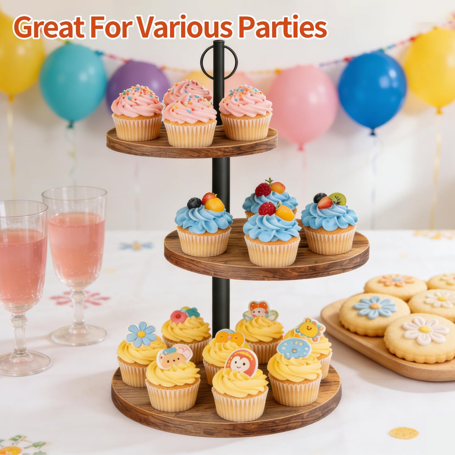 OugeWood Cupcake Stand, 3 Tier Cake Stands Rustic Dessert Table Display Set Wood Cupcake Tower Cake Stand Tiered Tray Stand for Wedding Birthday Baby Shower 2 Pack