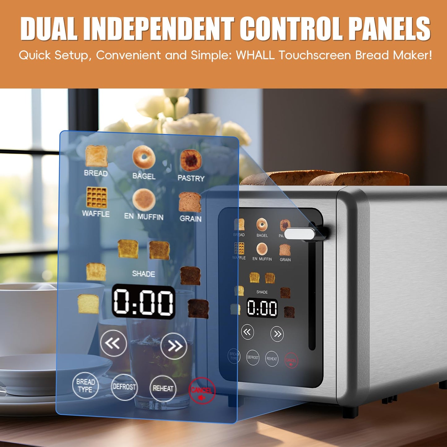 WUNLY Touch screen Toasters 2 slice, Stainless Steel Digital Timer Toaster with Sound Function, 6 Bread Types & 6 Shade Settings, Smart Extra Wide Slots Toaster with Bagel, Defrost Functions,Platinum