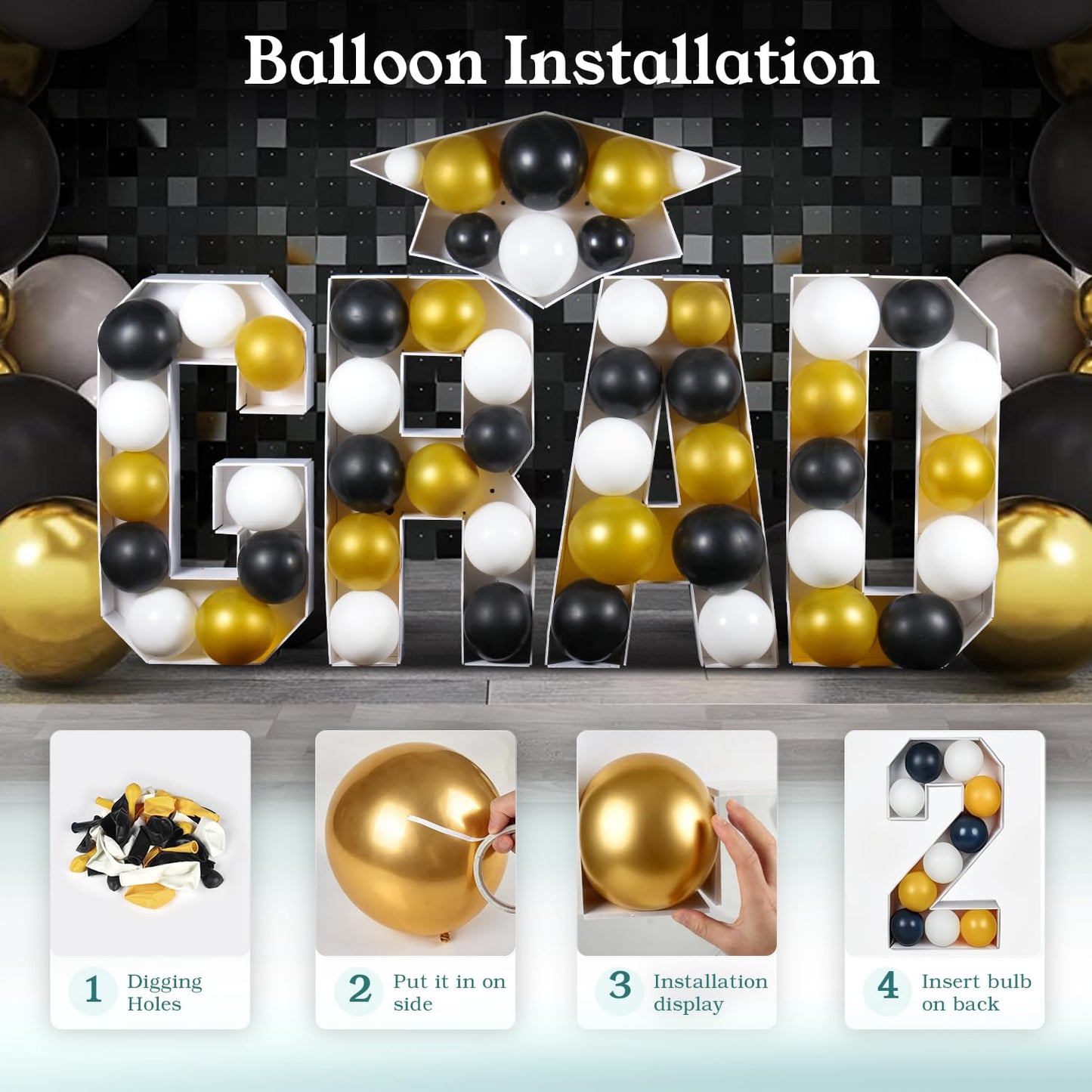 2026 Graduation Party Decorations - 2.3FT Pre-Cut GRAD Marquee Letters Sign with Light - Mosaic Foam Board Includes Glue Gun Balloons for Kindergarten Preschool College Prom