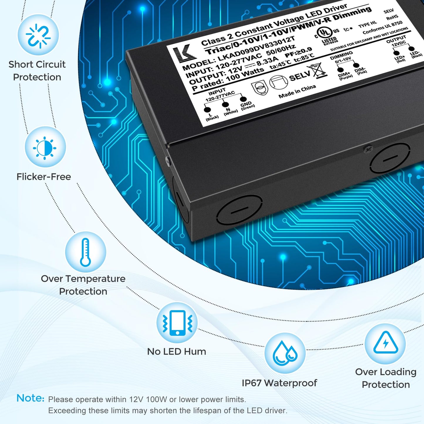 12V 100W Dimmable LED Driver, 5-in-1 Triac/ELV/MLV/0-10V/1-10V/PWM/V-R Dimming AC to DC Power Supply, IP67 Waterproof LED Transformer, UL Listed, Compatible with Lutron & Leviton Dimmer