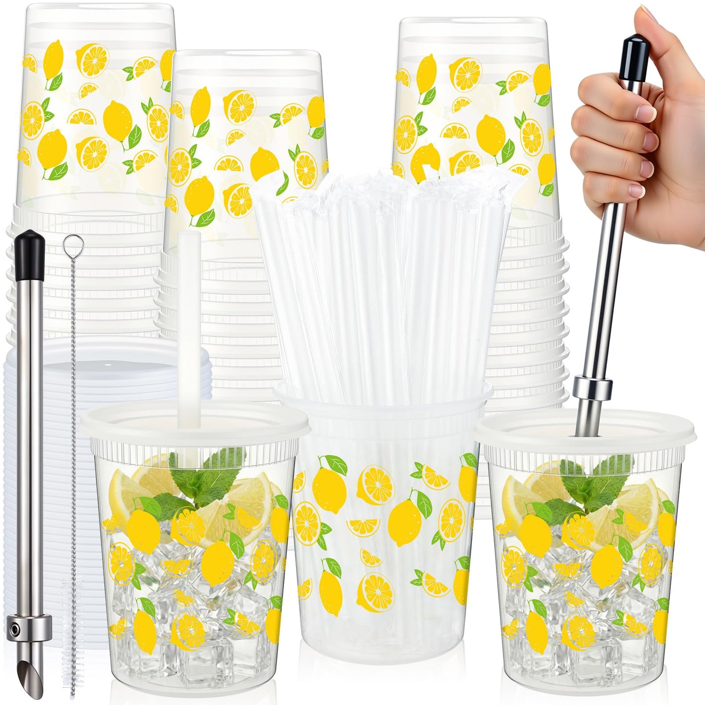 FillTouch 50 Set Lemonade Cups with Lids Straws Plastic Drink Buckets Include Plastic Cups Stainless Steel Straw Hole Puncher Beverage Cafe Drinking Lemonade Stand Supplies(32 oz)