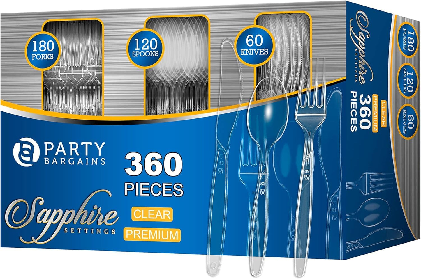 PARTY BARGAINS Disposable Cutlery Set 720-Piece – Sapphire Settings Clear Plastic Forks Spoons Knives – Heavy-Duty Utensils for Parties Catering Weddings & Events – BPA Free