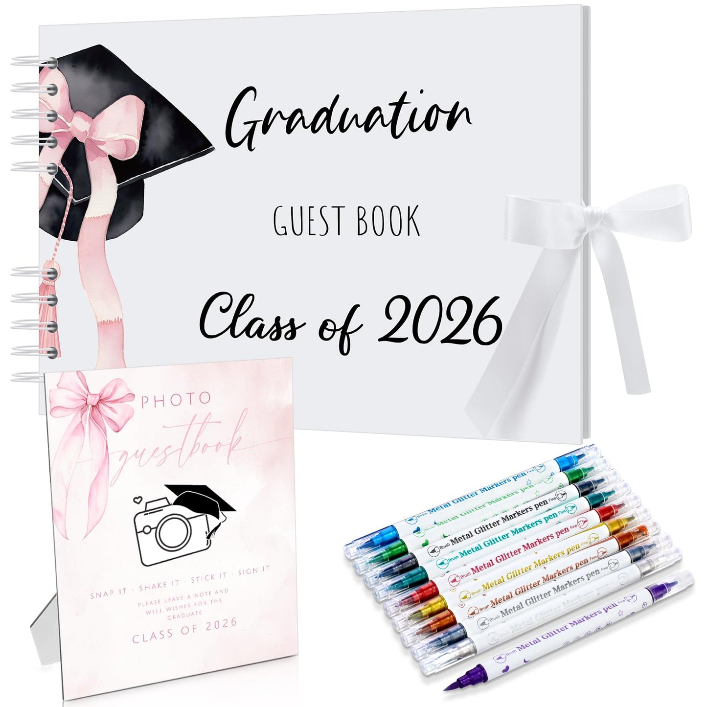 12 Pcs 2026 Graduation Guest Book with Photo Sign Decor 80 Pages Class of 2026 Scrapbook Photo Album with 10 DIY Dual Tip Metallic Markers Pens Gift, Exclude Camere(Pink Bow,Pink,10.4 Inches)
