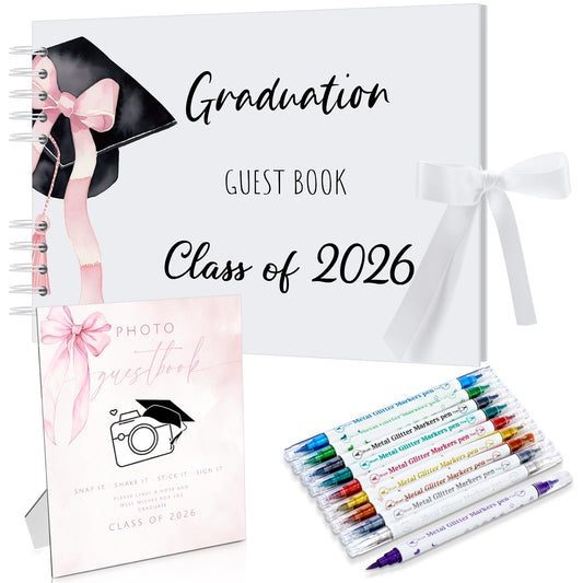 12 Pcs 2026 Graduation Guest Book with Photo Sign Decor 80 Pages Class of 2026 Scrapbook Photo Album with 10 DIY Dual Tip Metallic Markers Pens Gift, Exclude Camere(Pink Bow,Pink,10.4 Inches)