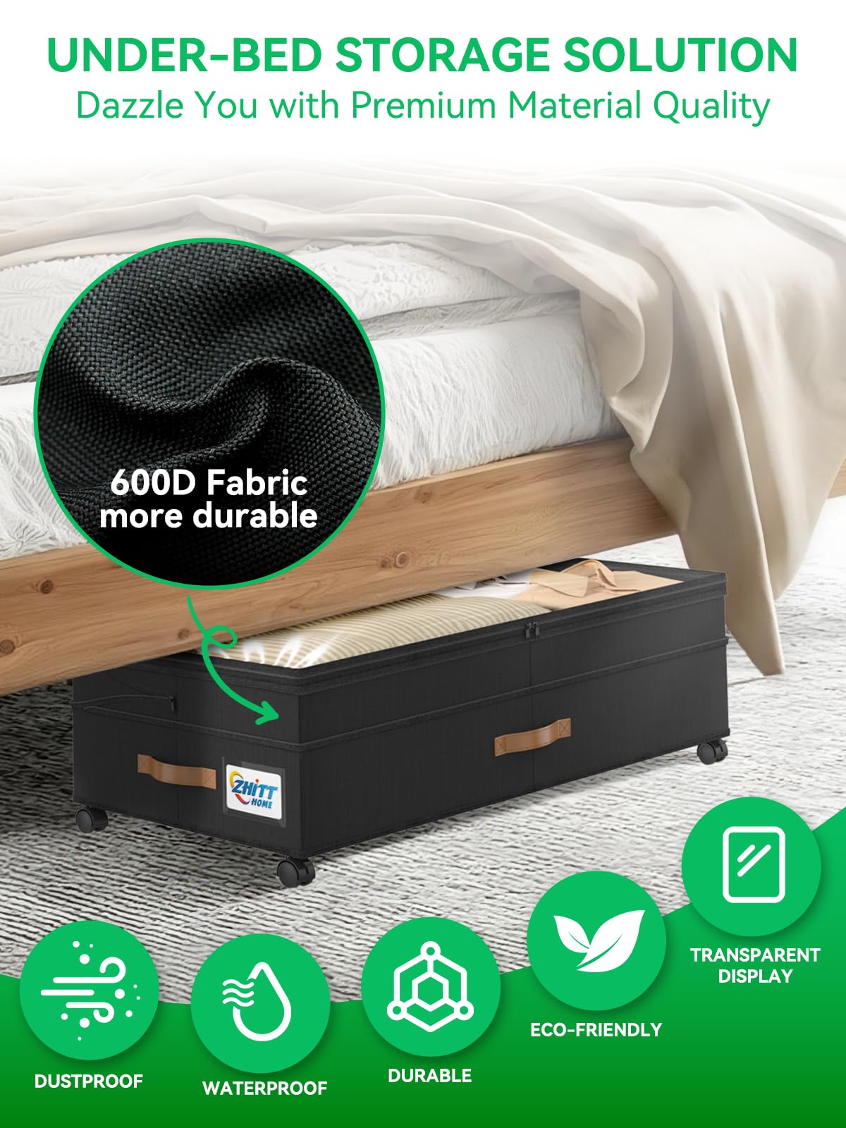 ZHITTHOME Under Bed Storage with Wheels, 2-Pack 72L XXXL Scalable Under Bed Storage Containers with Transparent Lids, Underbed Storage Organizer Rolling Bins for Shoes Clothes Sheet - Expandable Max