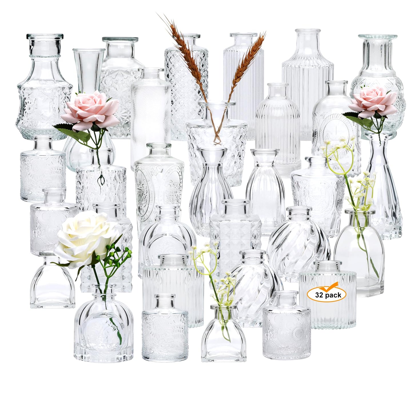 Brajttt Glass Bud Vase Set of 32 pcs,Bud Vases in Bulk,Small Vases for Centerpieces, Mini Flower Vase Bulk for Rustic Wedding Home Table Decorations
