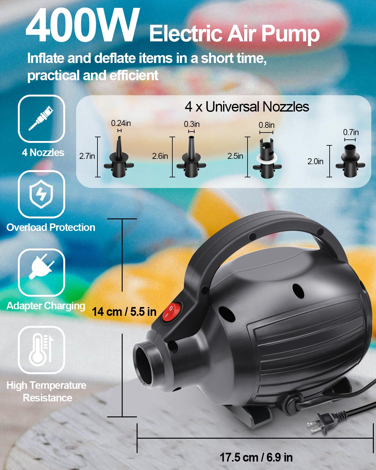VEBESYET Electric Air Pumps for Inflatables Air Mattress Gymnastics Track Mat Quick Fill Inflator/Deflator for Pool Floats Dock Raft,4 Nozzles, 110-120V AC (400W)