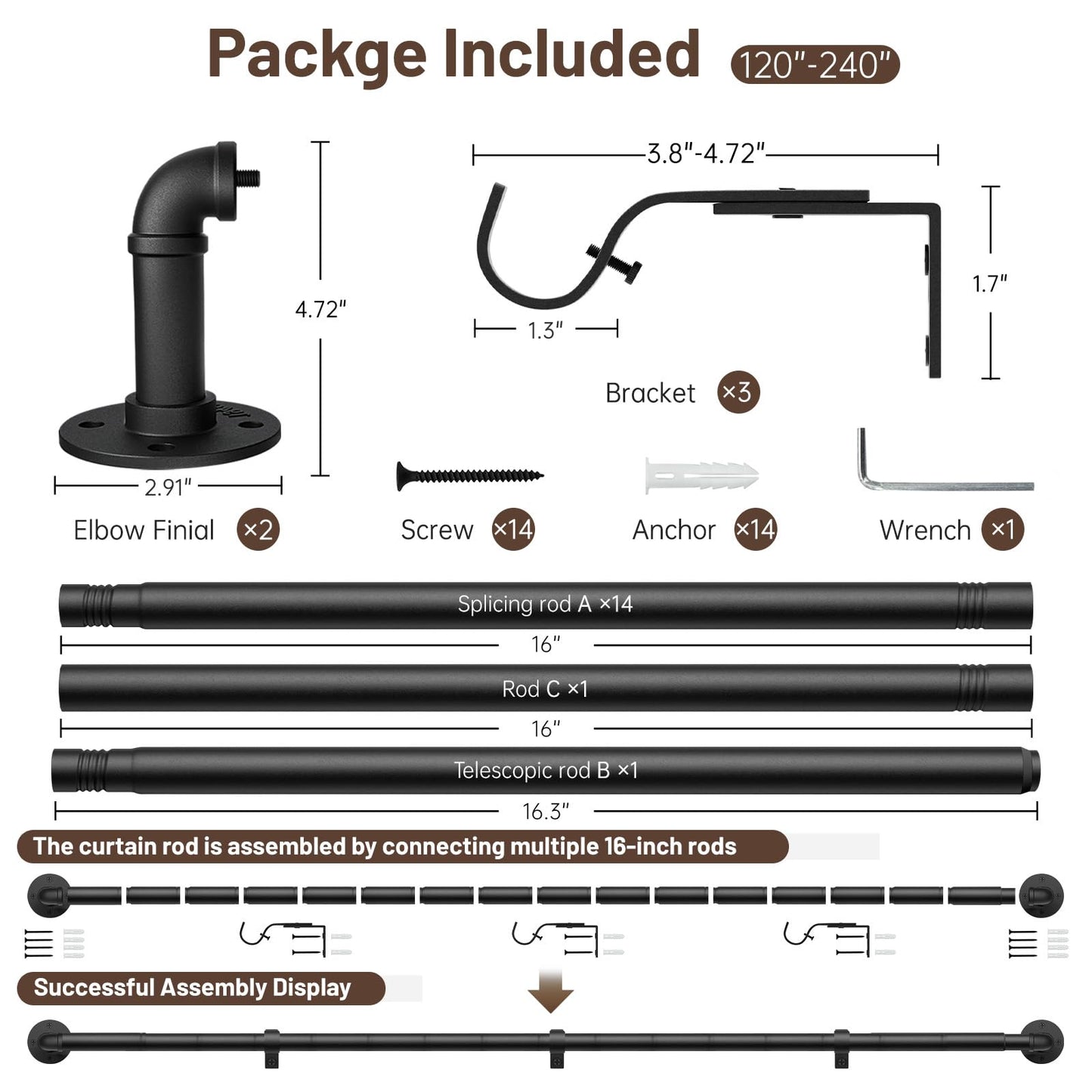 Zeerobee Curtain Rods for Windows 120 to 240, 1 Inch Industrial Wrap Around Black Curtain Rod, Indoor/Outdoor Room Divider Adjustable Drapery Pole, 120"-240"