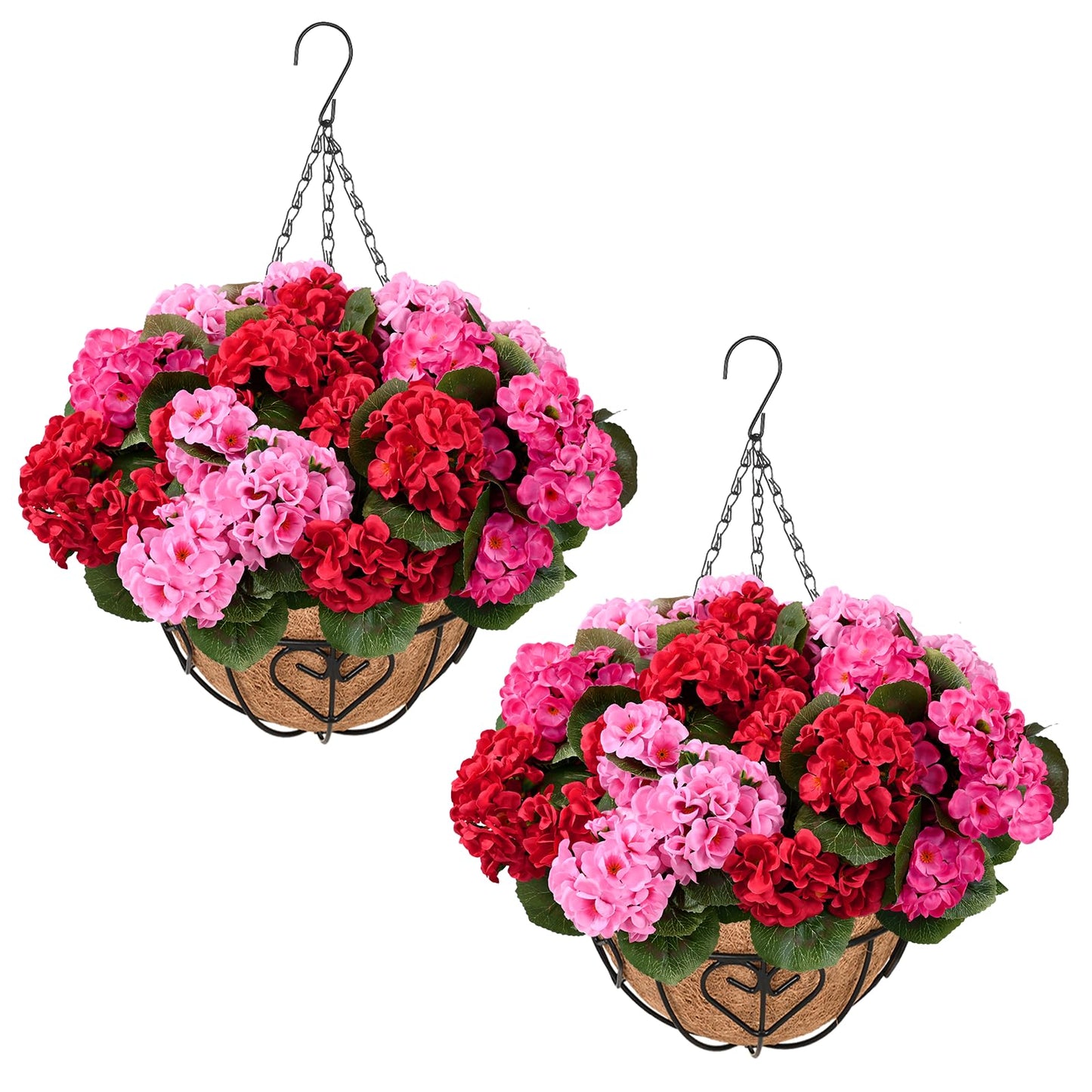 Waipfaru 2 Set Artificial Geraniums for Outdoors with Hanging Baskets, 12 Bundles UV Resistant Artificial Outdoor Plants, Fake Flowers for Spring Front Porch Home Patio Balcony Yard Decor, Mixing