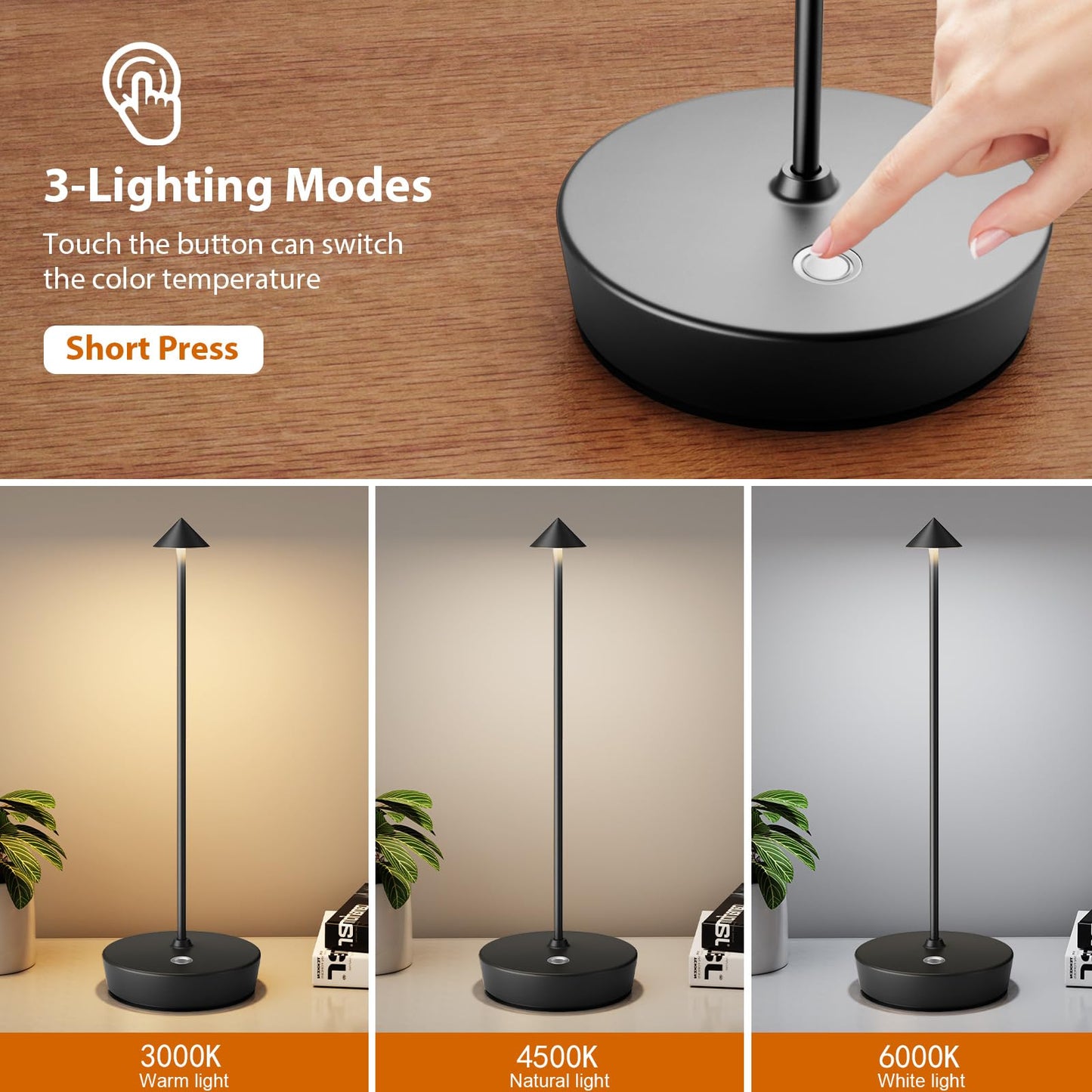 YIBEN Rechargeable Cordless Table Lamp, Portable Powered LED Battery 6000mAh Metal USB Desk Lamp, 3 Levels Brightness Light for Restaurants Outdoor (Black)