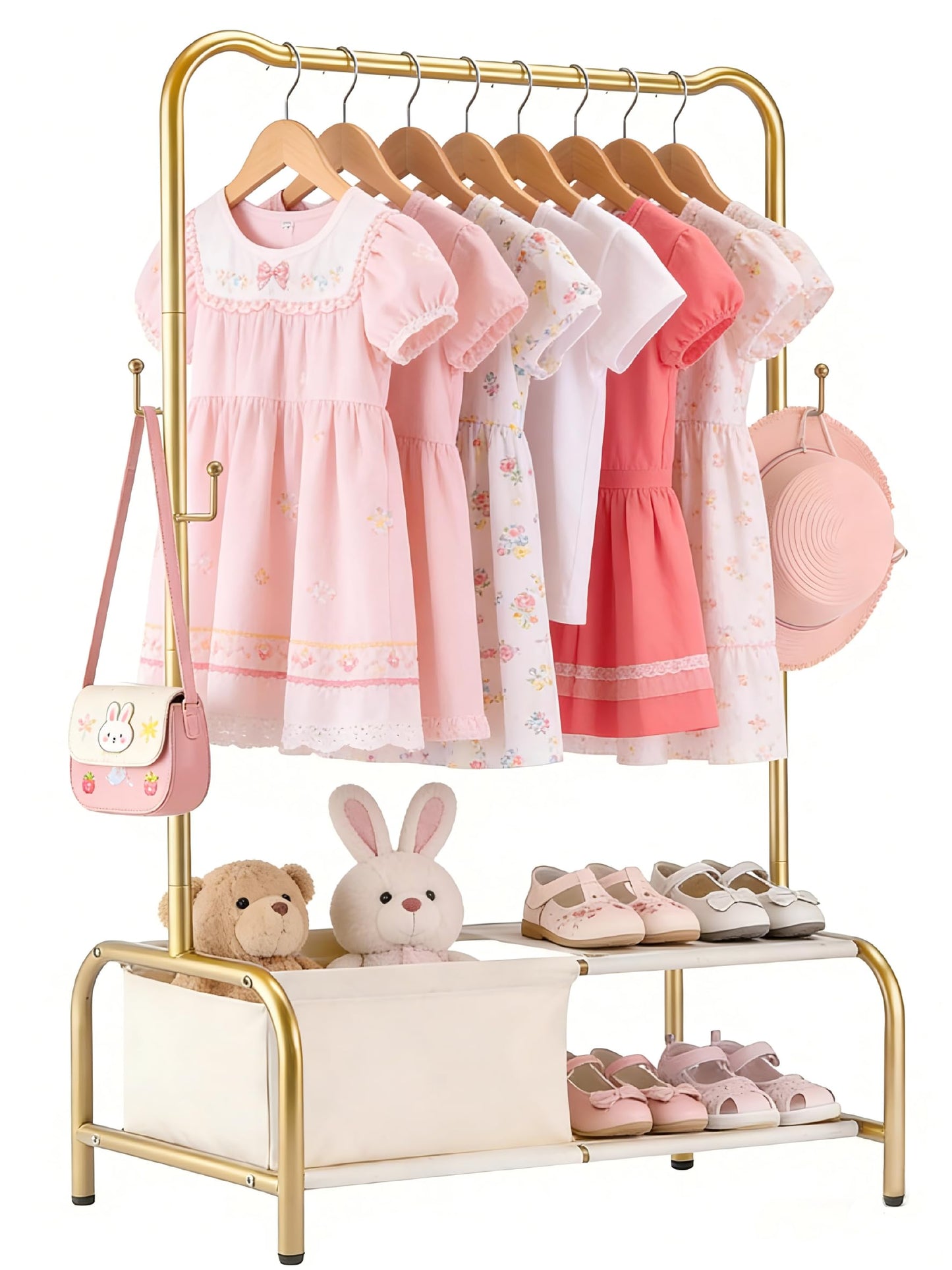 Atrastout Kids Clothing Rack-Portable Kids Clothing Rack with Storage Shelf - Toddler Garment Organizer for Baby Clothes, Dance Costumes, Girls Gift Ideas(gold)
