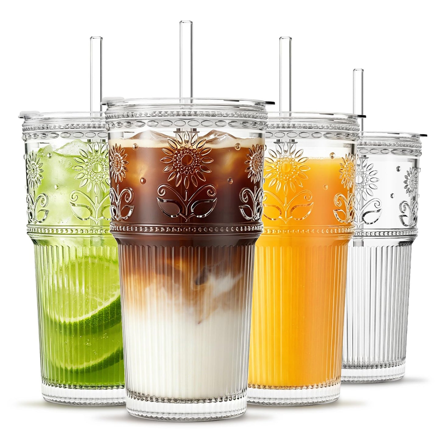 INSETLAN 20 oz Sunflower Glass Cups with Lids and Straws, Set of 4, Elegant Iced Coffee Cups for Coffee, Matcha, Smoothies, Juice, Cocktail and More, Leak-Proof Glass Tumbler for Daily Use and Travel