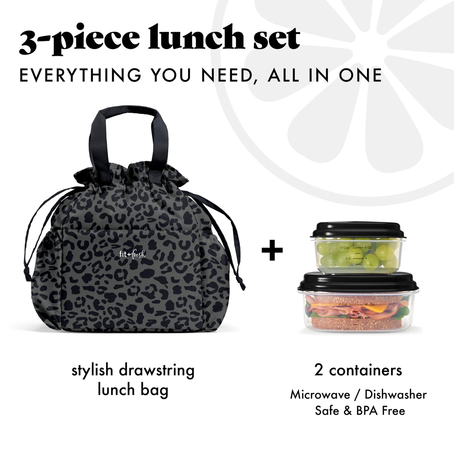 Fit & Fresh Cromwell Drawstring Lunch Bag for Women, Complete Lunch Set with 2 Containers, Stain-Resistant, Leak-Resistant, Back to School Essential, Teacher Lunchbox, Black Cheetah